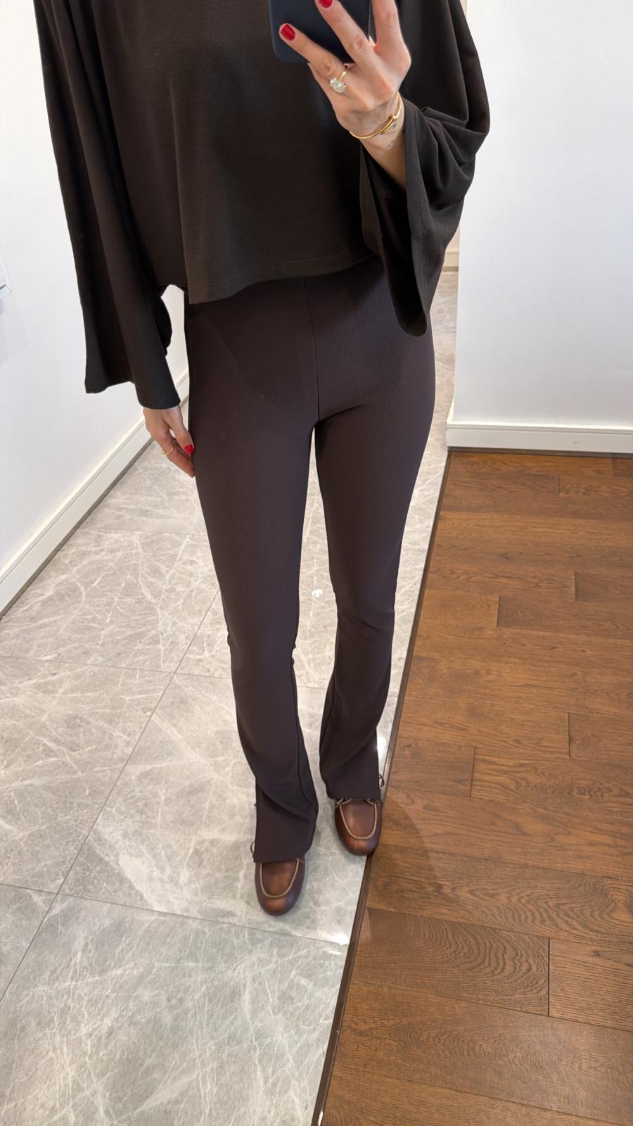 YÜKSEK BEL YIRTMAÇLI TAYT - KOYU KAHVE