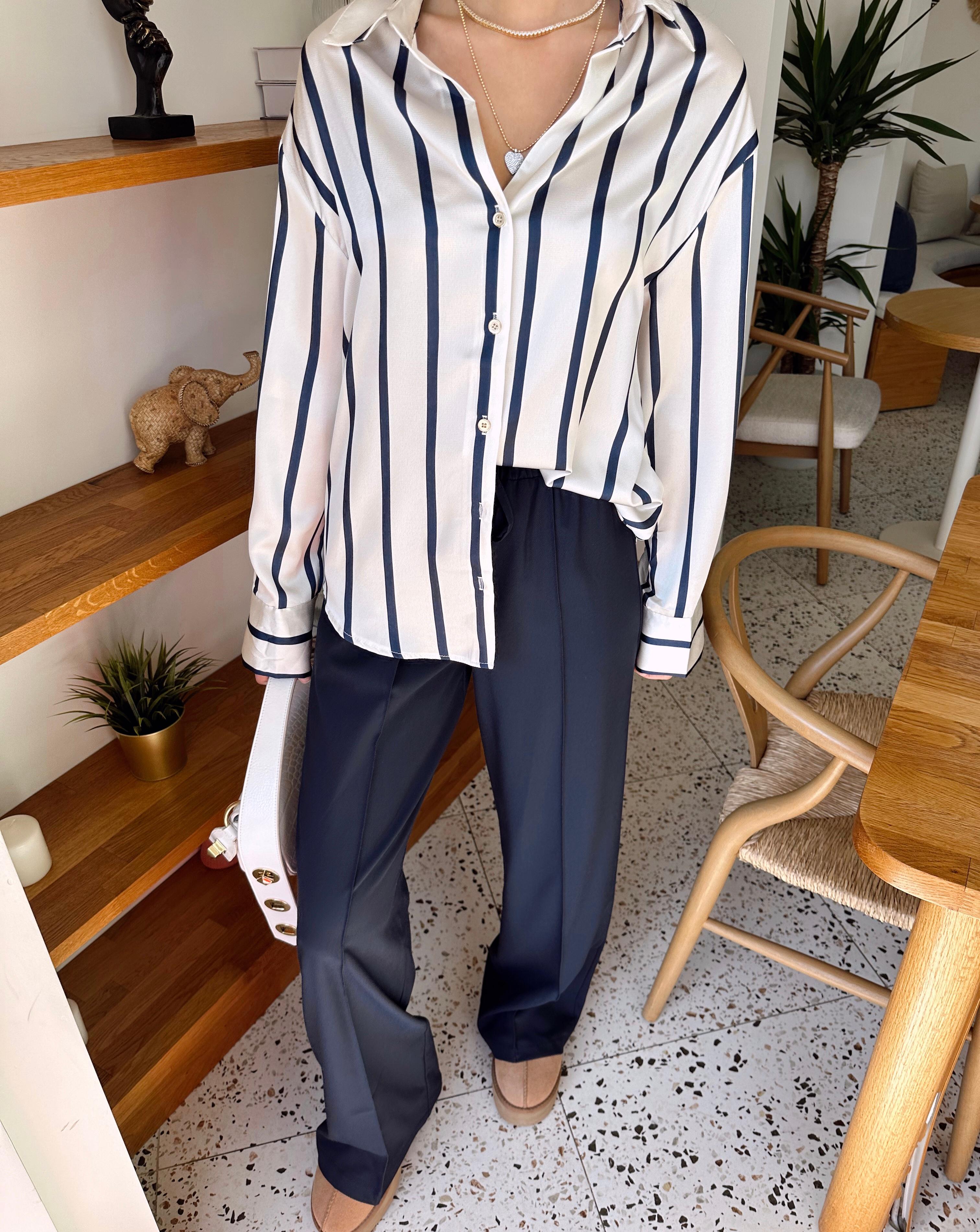 saten ekru lacivert çizgili oversize gömlek