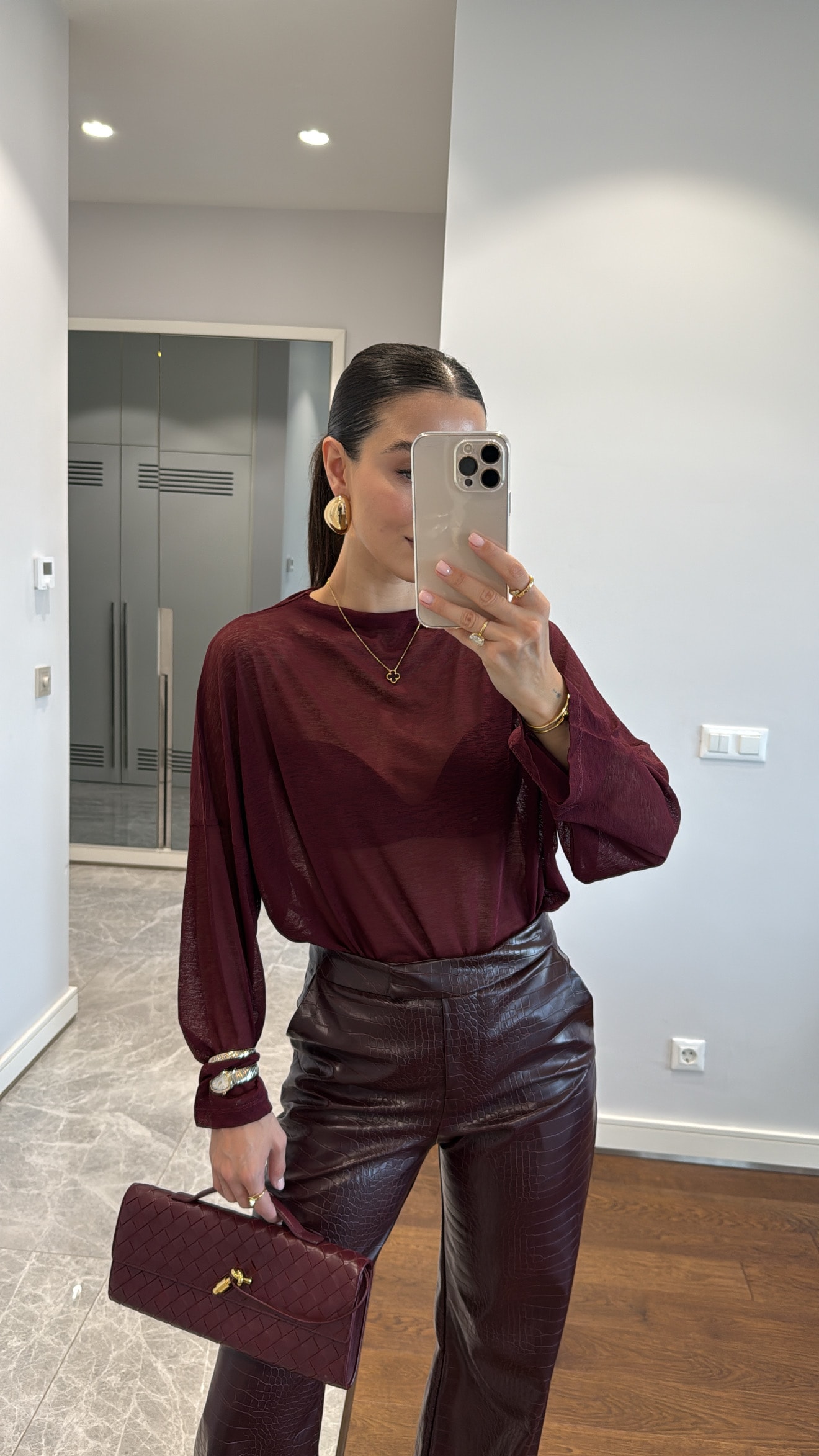 OVERSİZE TRANSPARAN KAZAK - BORDO