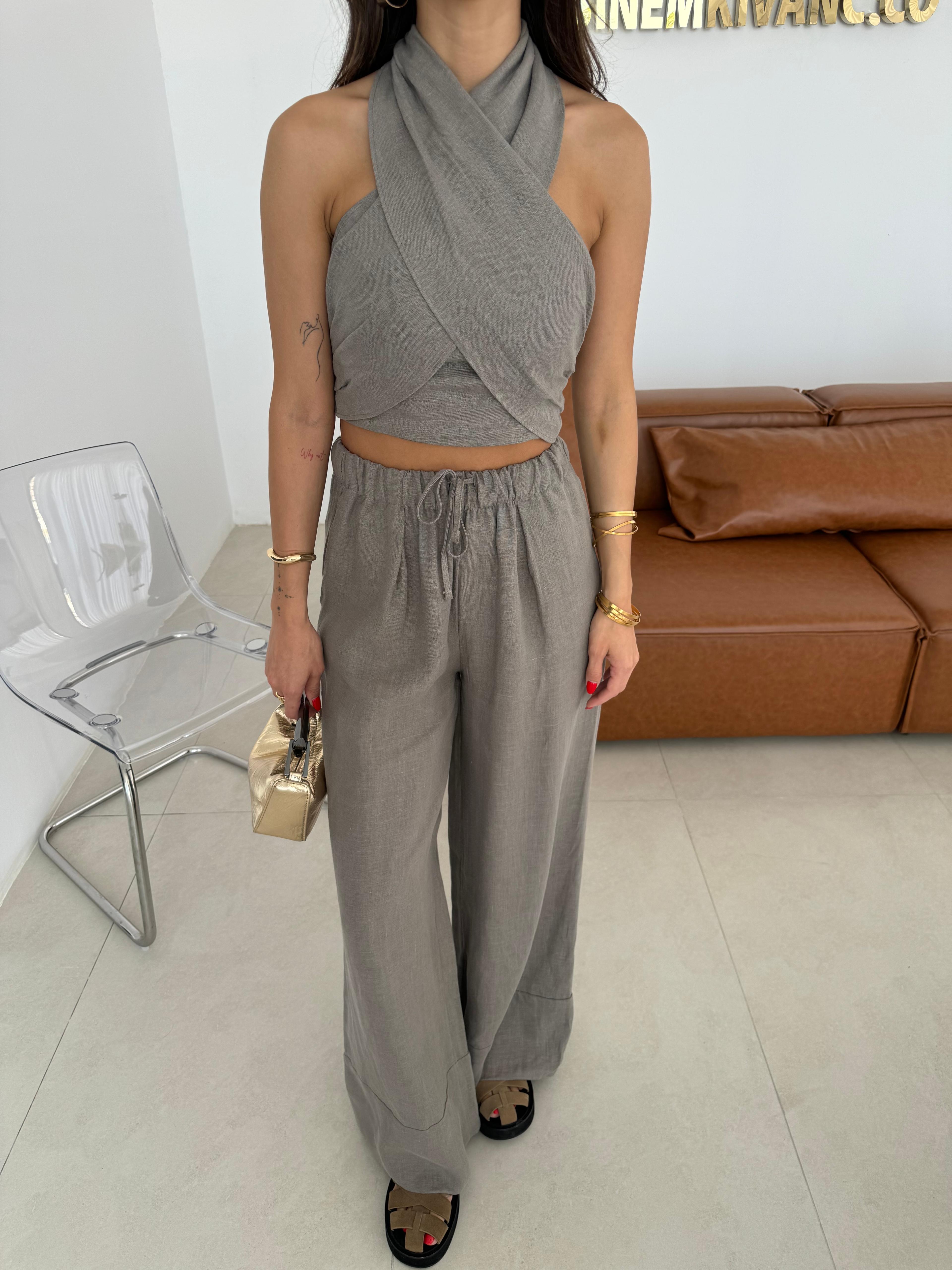 Füme Keten Crop Pantolon Takım