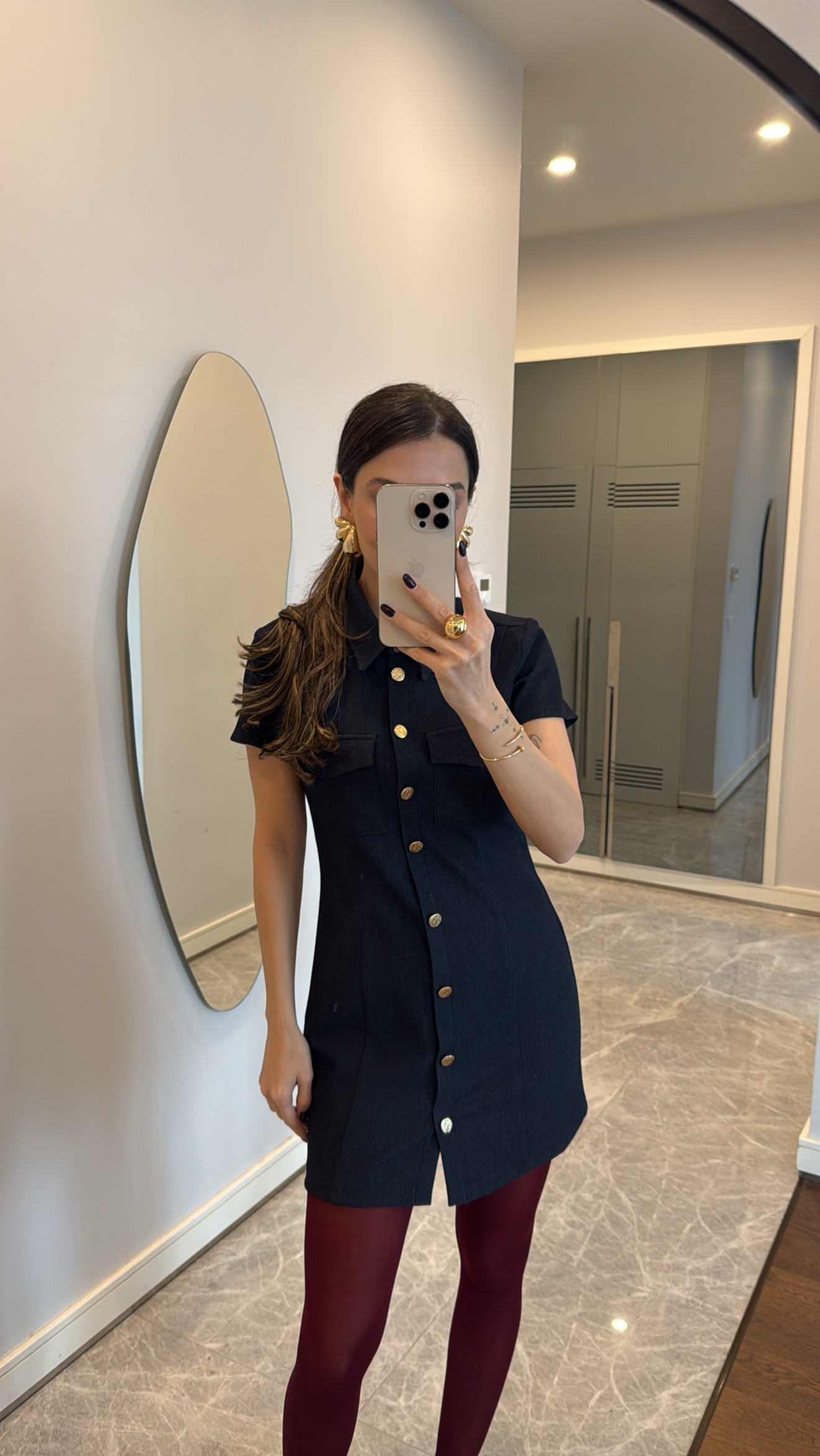 Navy Blue Gold Düğme Detaylı Elbise