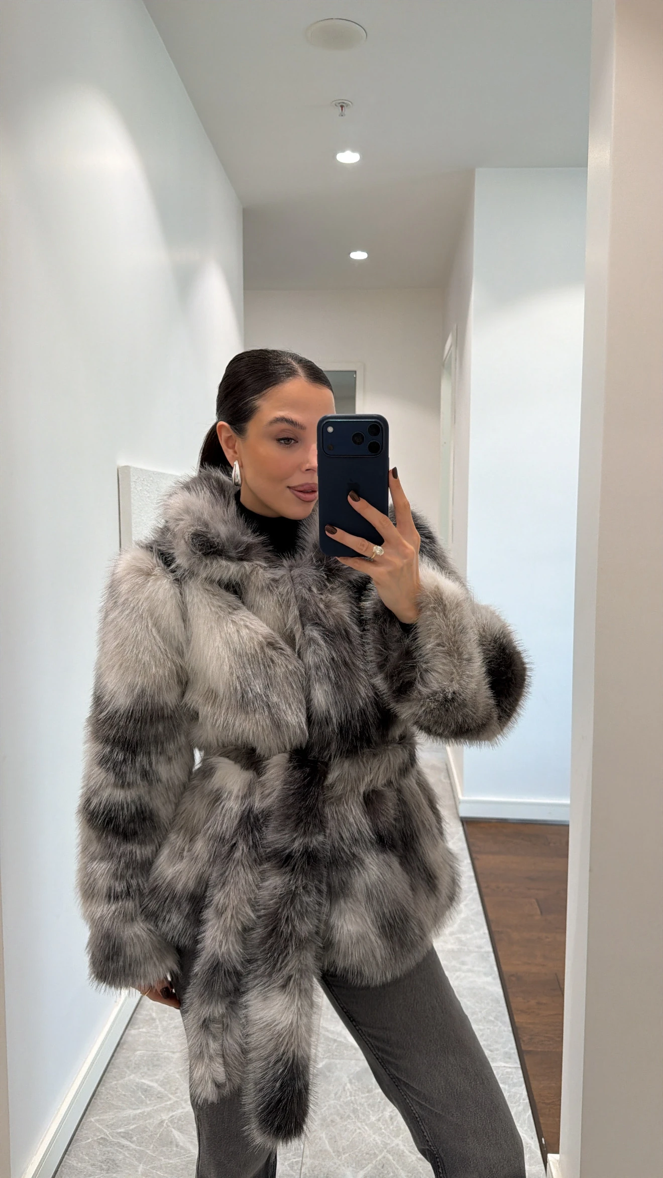 BATİK DESEN KUŞAKLI KÜRK  - Gri Antrasit