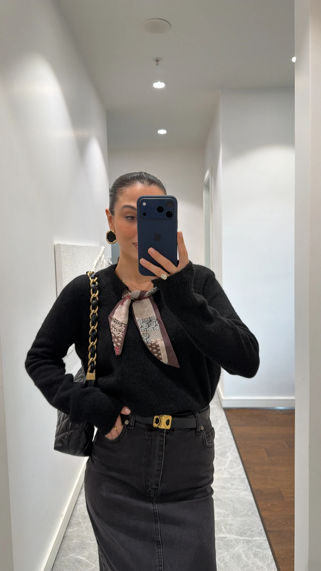 SOFT KNIT SWEATER WITH SCARF DETAIL - BLACK