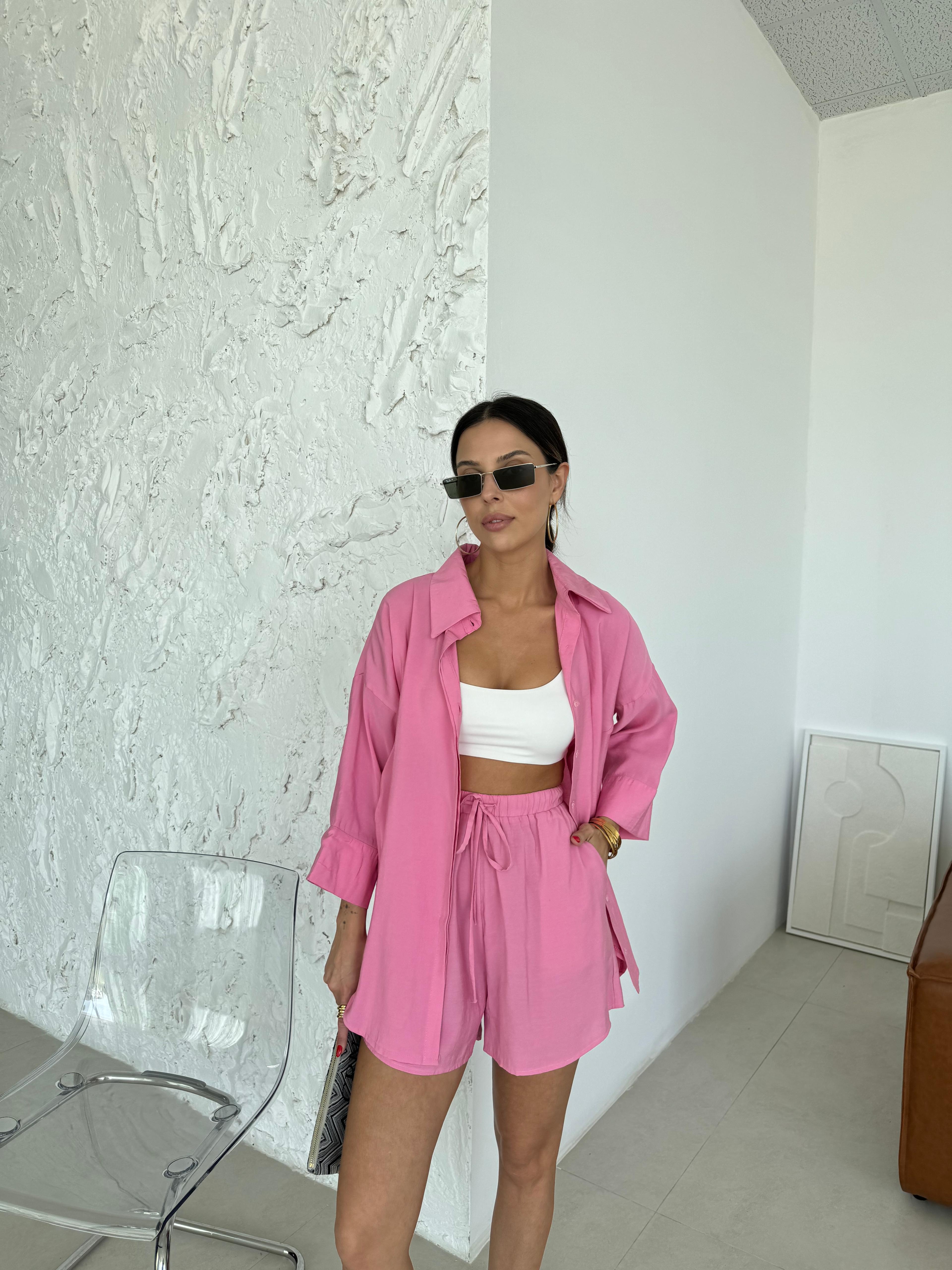 pembe tensel kumaş gömlek şort takım