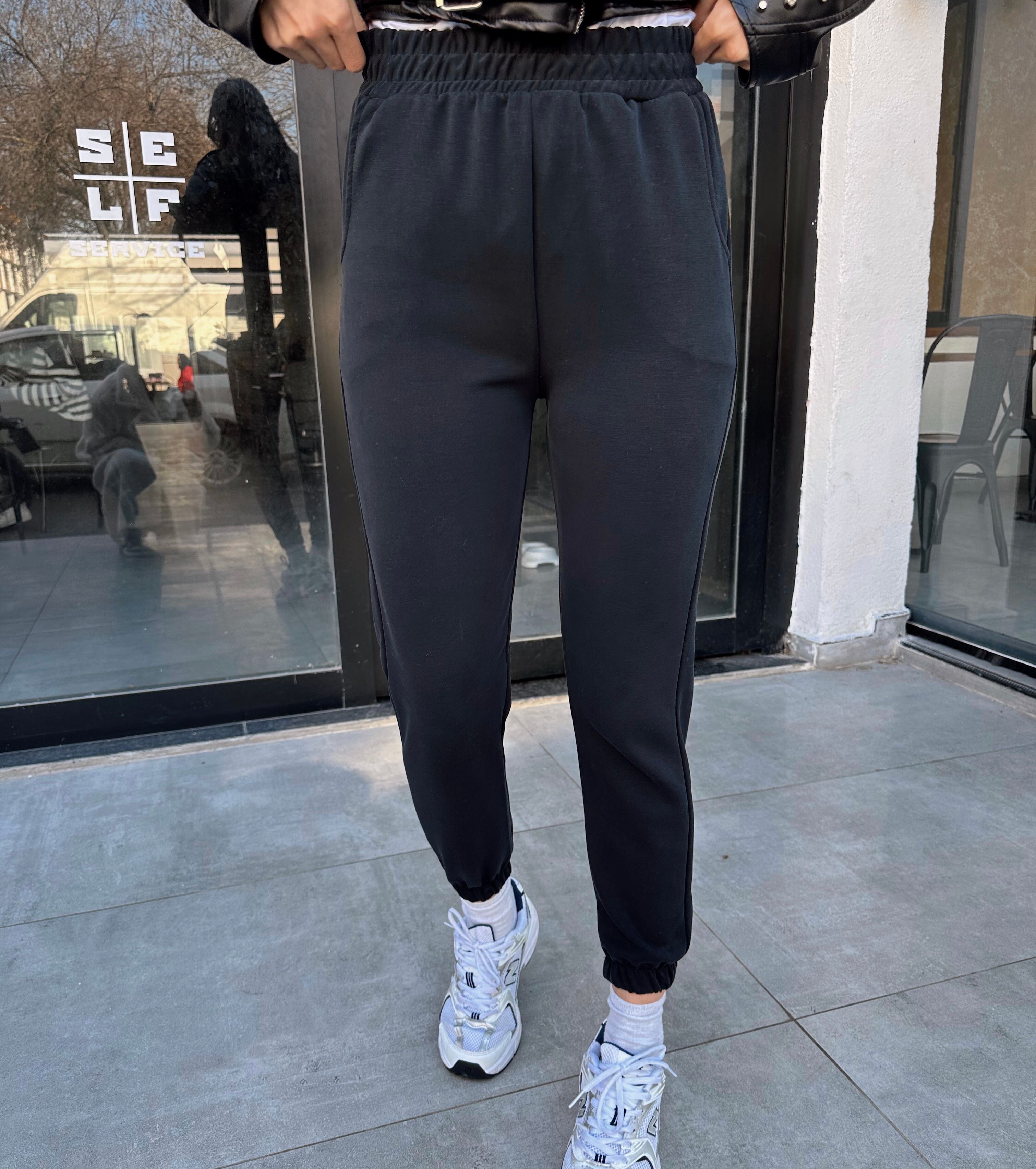 (modal) kumaş siyah yüksel bel likralı jogger eşofman altı