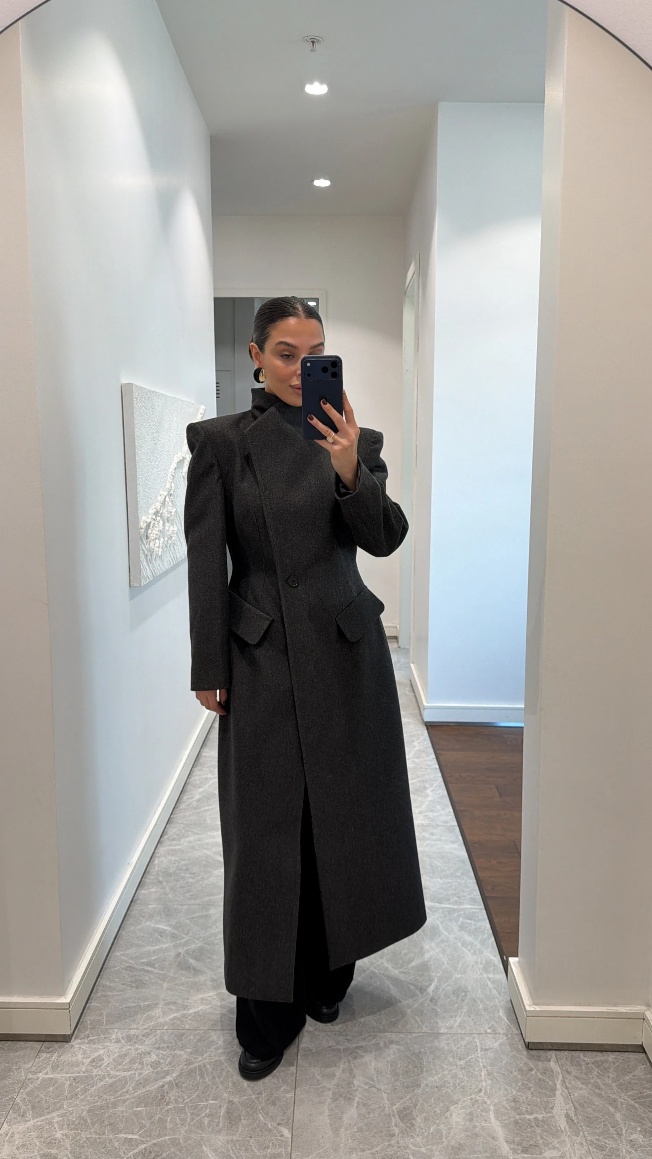 DİK YAKA BEL OTURTMALI VATKALI MAXİ KAŞE KABAN - ANTRASİT