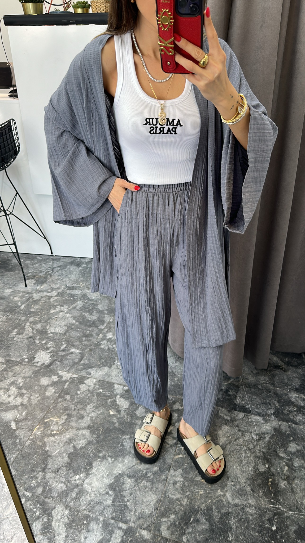 Gri gofre kumaş kimono şalvar takım