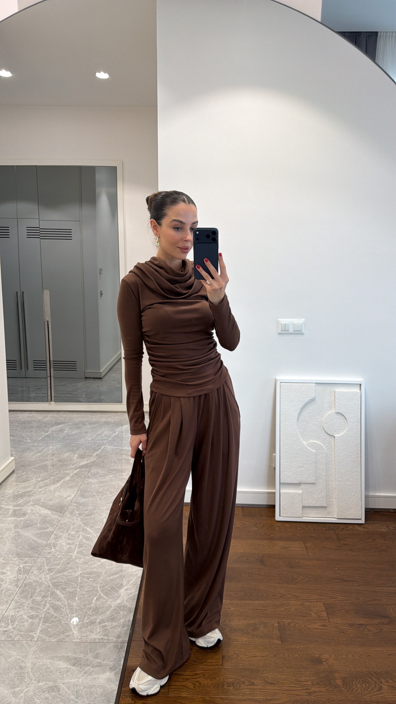 DRAPELİ BLUZ PANTOLON TAKIM - KAHVE