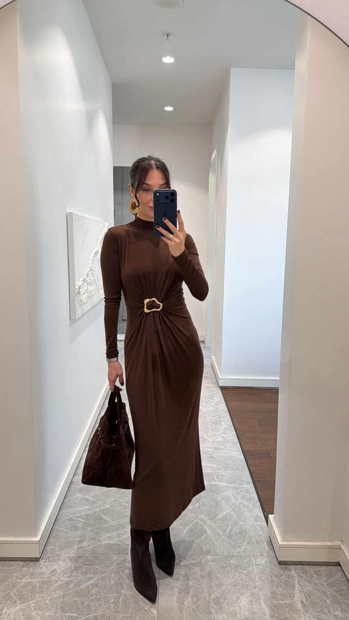 GOLD TOKALI MİDİ ELBİSE  - KAHVE