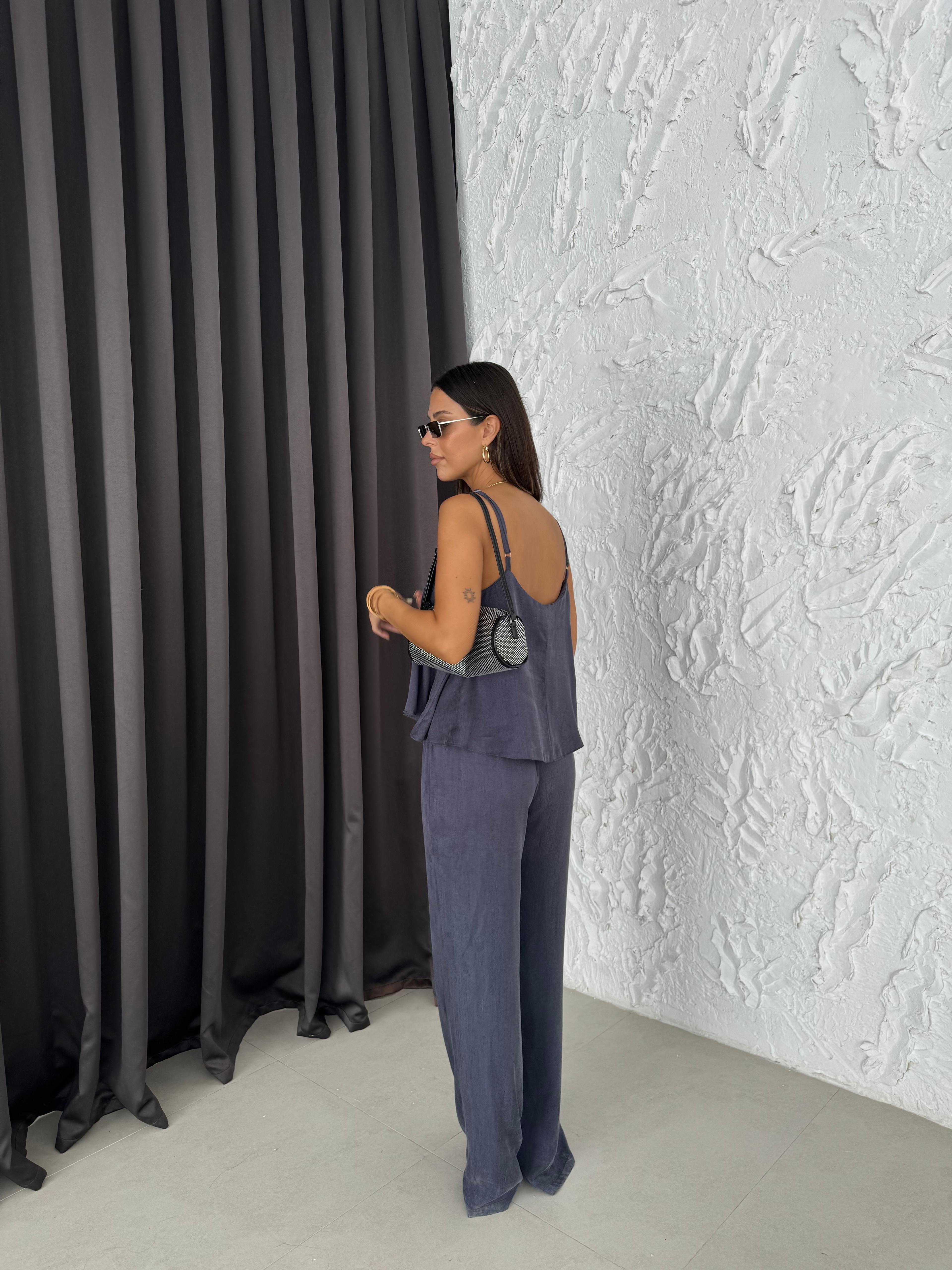 İndigo Askılı Pantolon Takım
