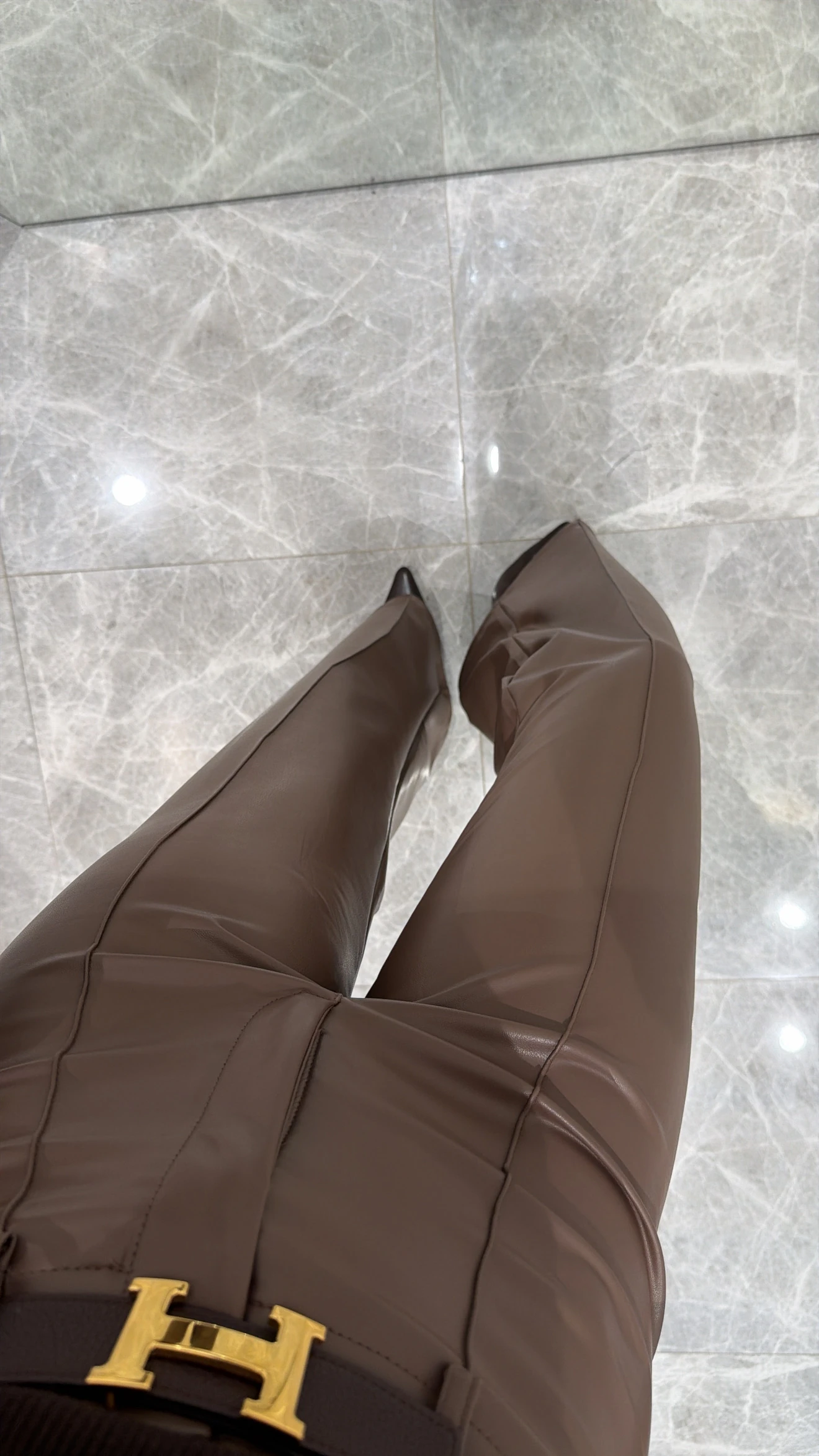 KAHVERENGİ YÜKSEK BEL DERİ PANTOLON