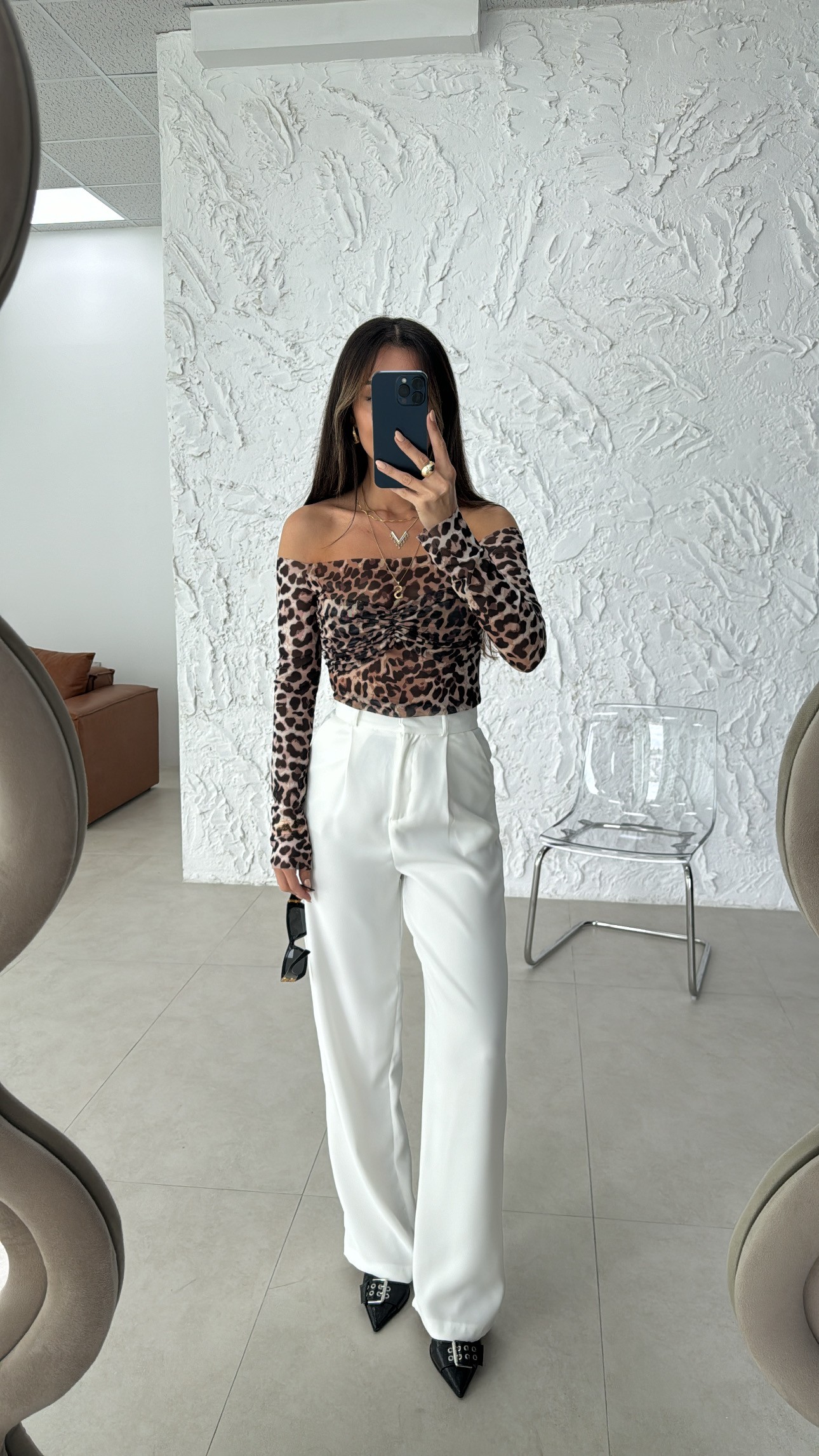 leopar tül detaylı bluz