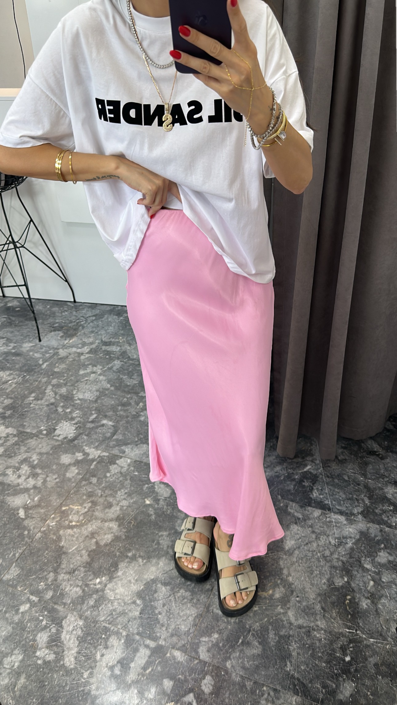 Toz pembe pamuk saten çan  midi boy etek