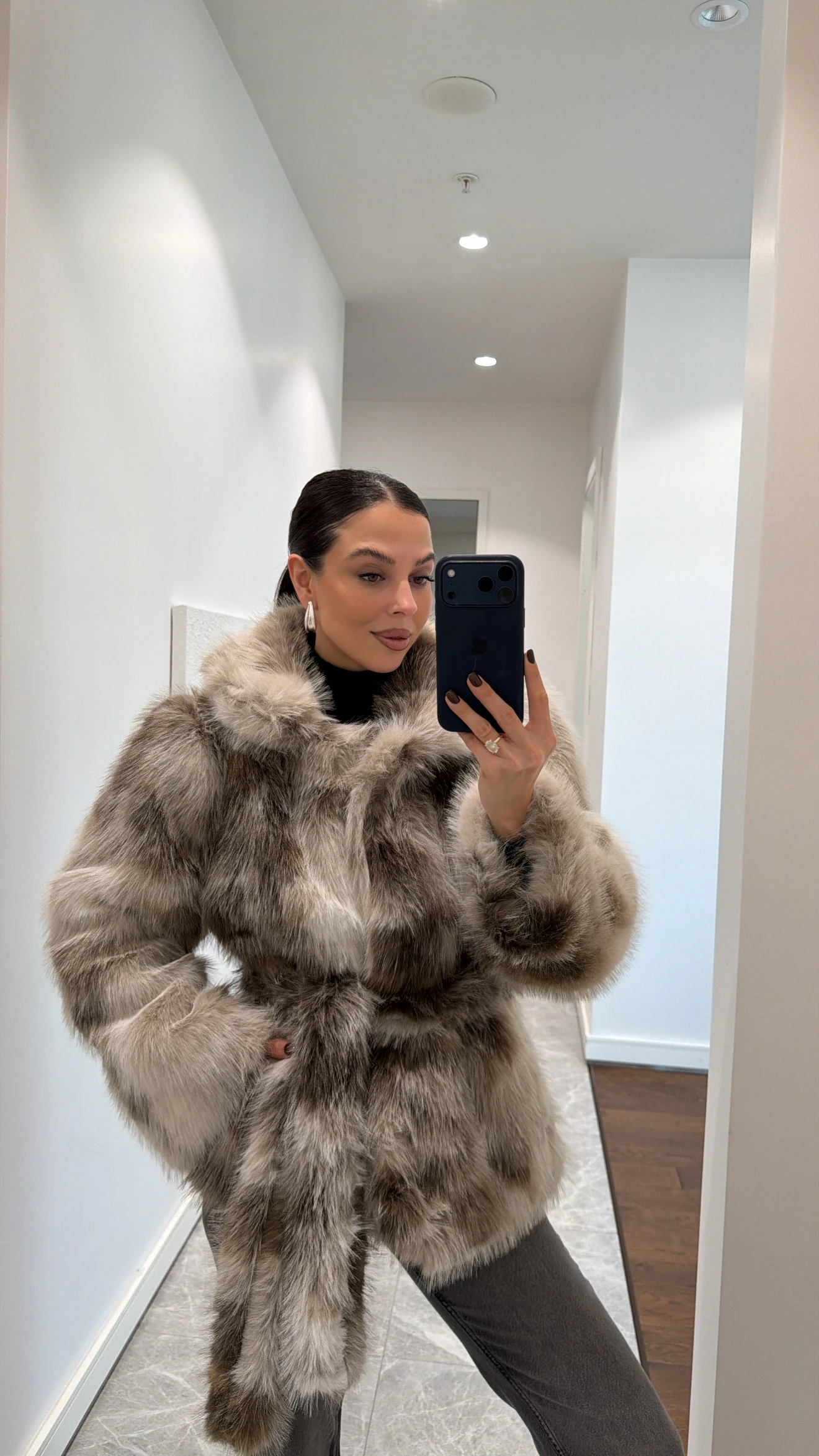 BATİK DESEN KUŞAKLI KÜRK  - Kahve Ekru