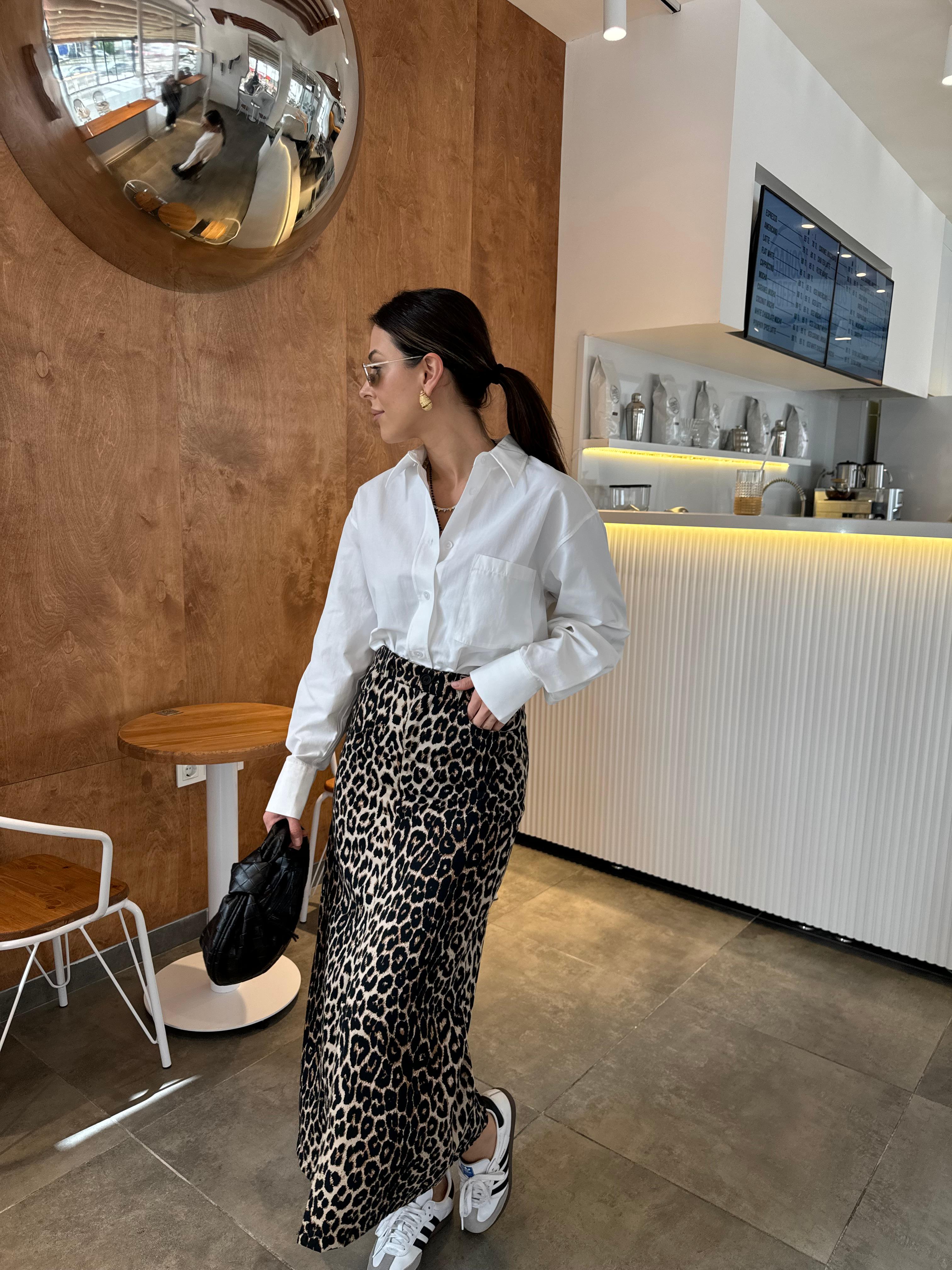 leopar denim etek
