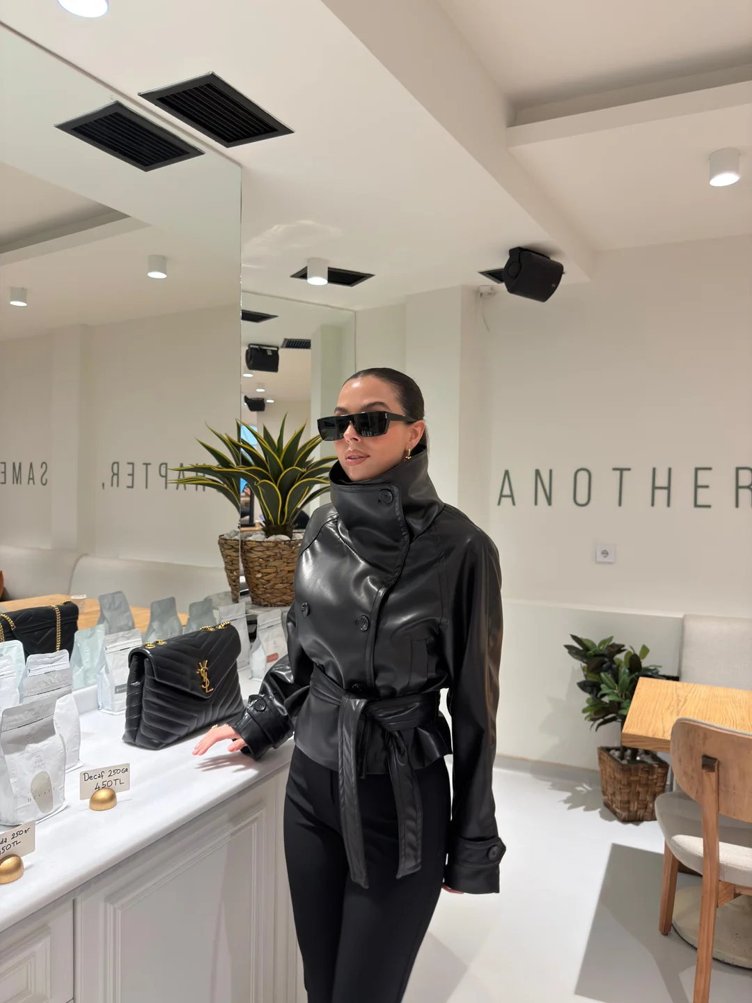 HIGH-COLLAR BELTED LEATHER JACKET