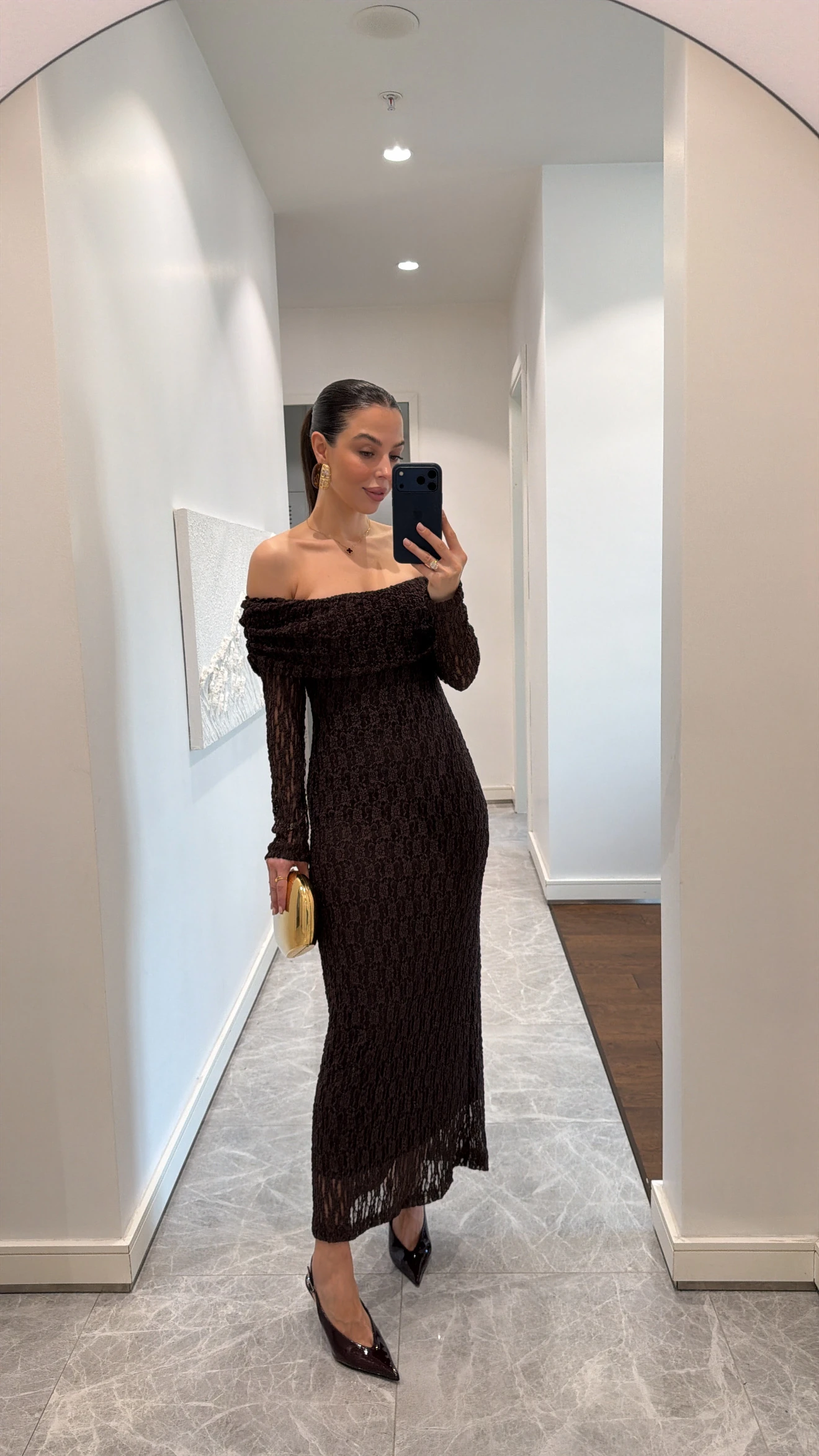 MADONNA YAKA DANTELLİ ELBİSE - ACI KAHVE