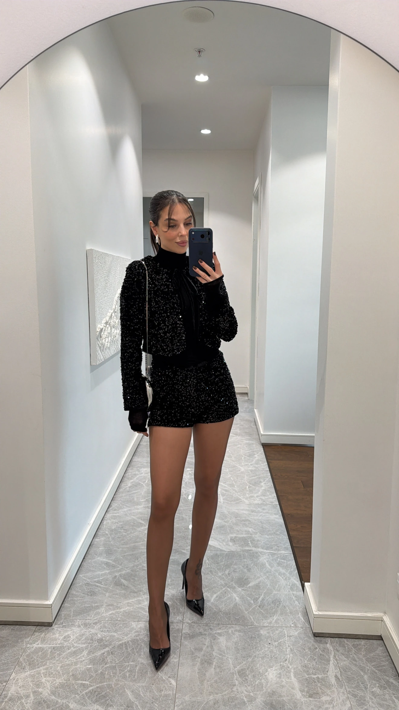 PAYETLİ KADİFE ŞORT TAKIM - SİYAH