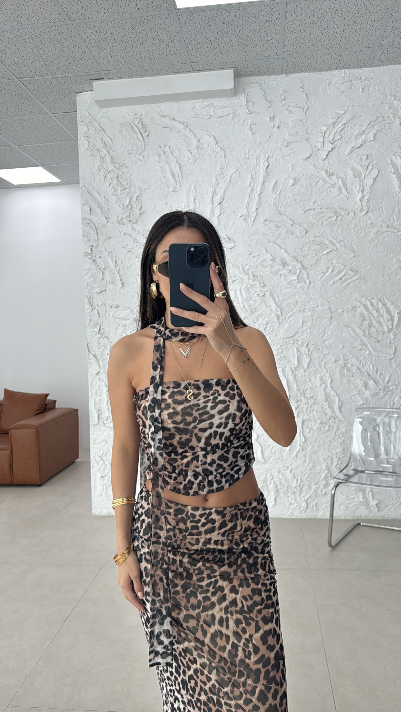 leopar desenli şifon etek takım