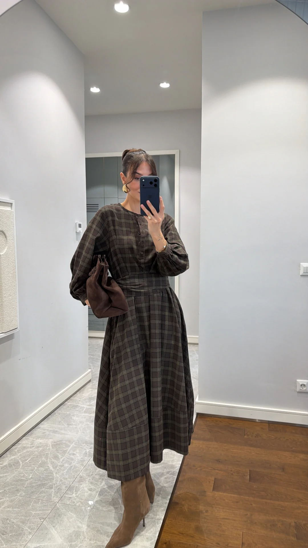 PLAID PATTERNED BELTED MIDI DRESS - COFFEE