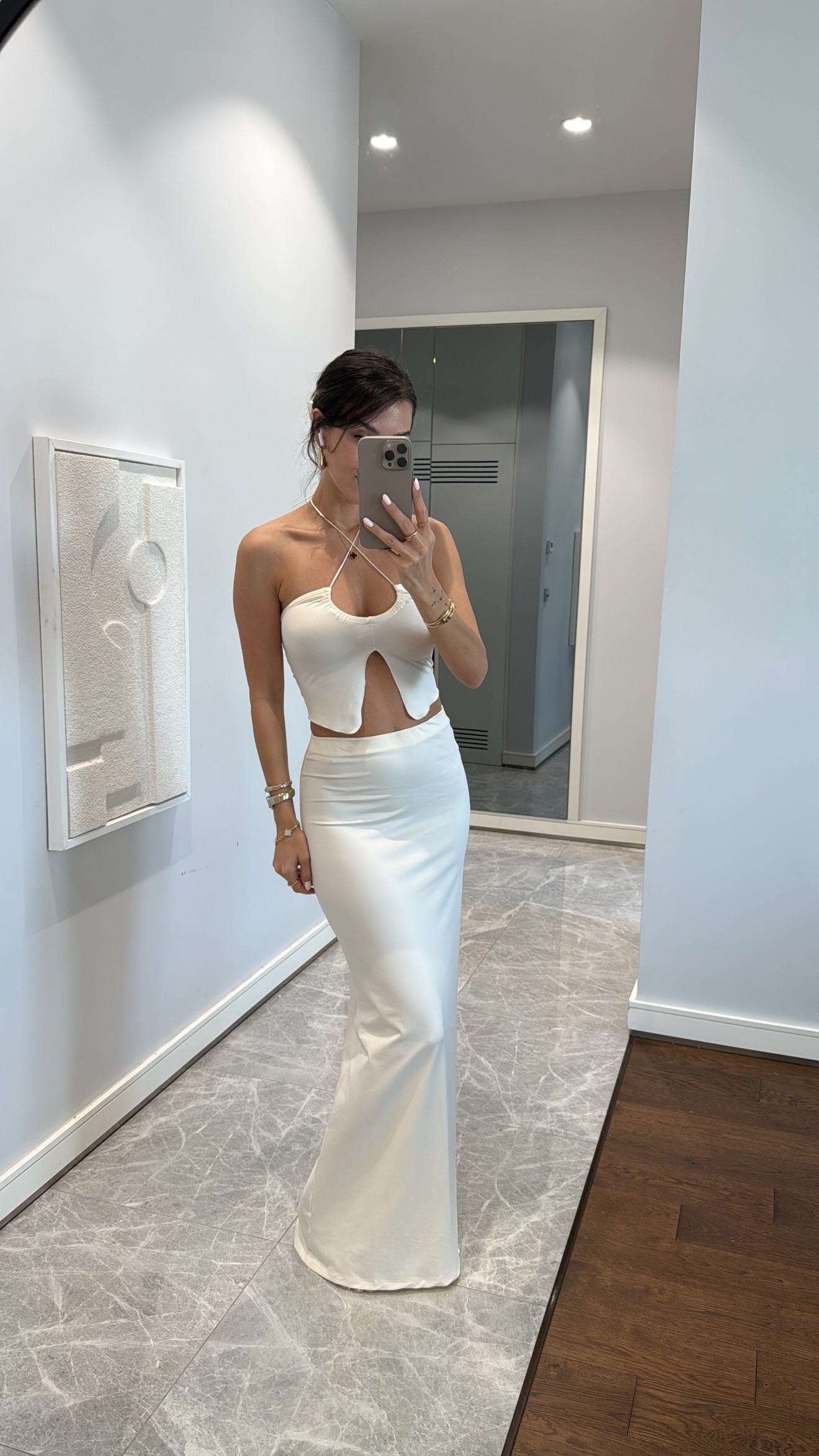 EKRU İP ASKILI CROP ETEK TAKIM