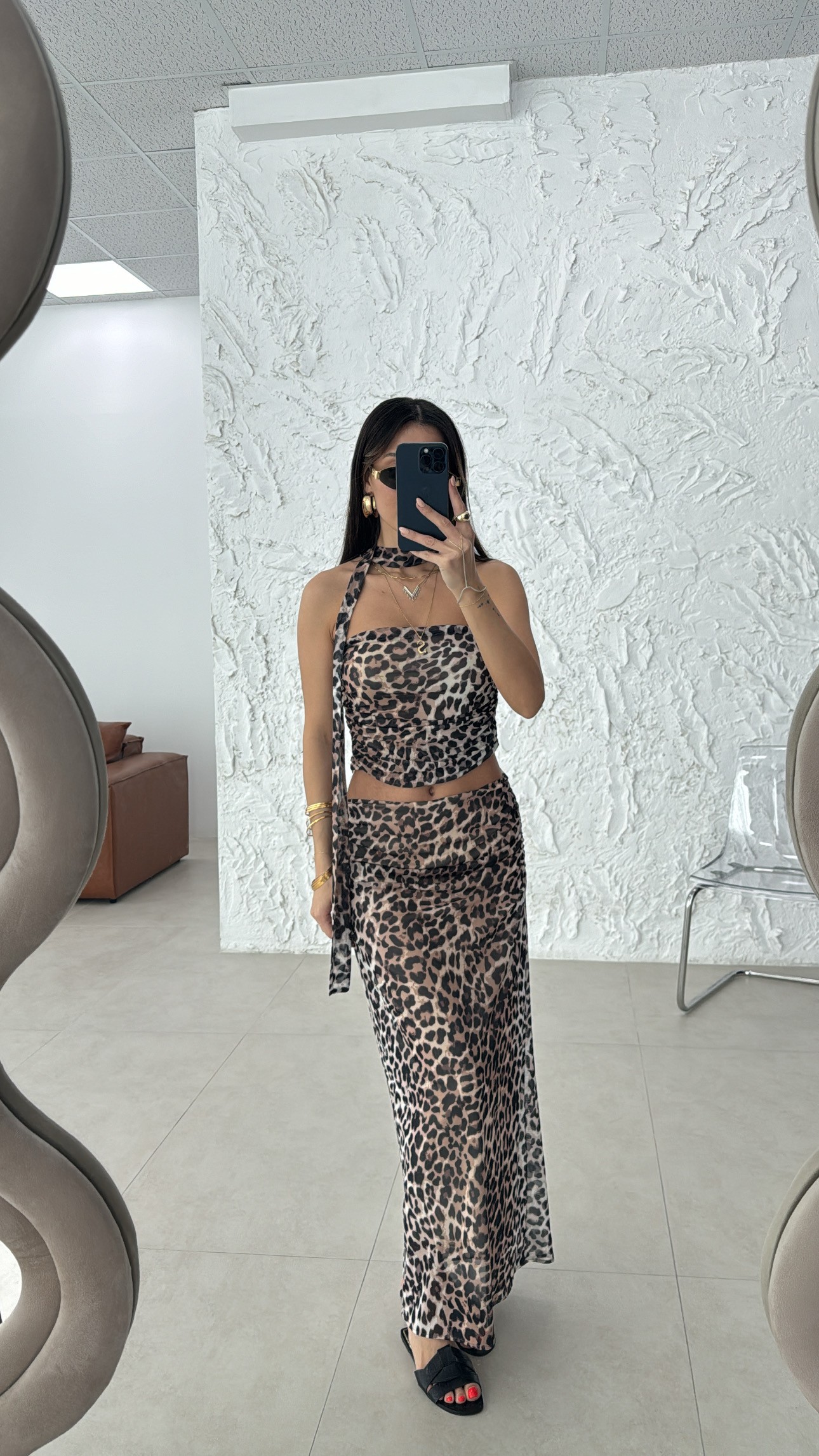 leopar desenli şifon etek takım