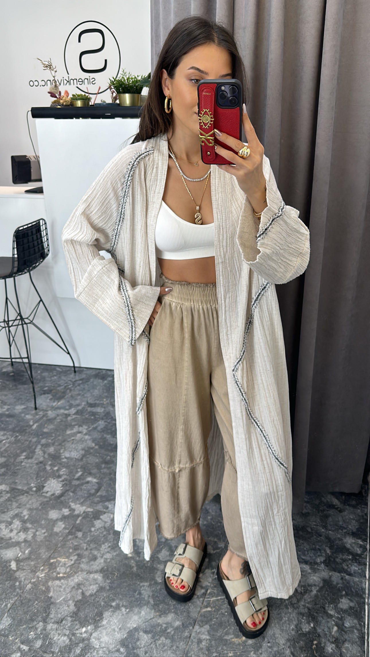 Taş rengi gofre kumaş uzun kimono