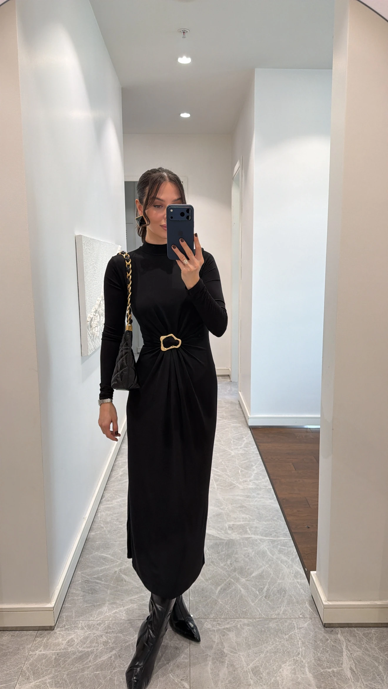 GOLD TOKALI MİDİ ELBİSE  - SİYAH