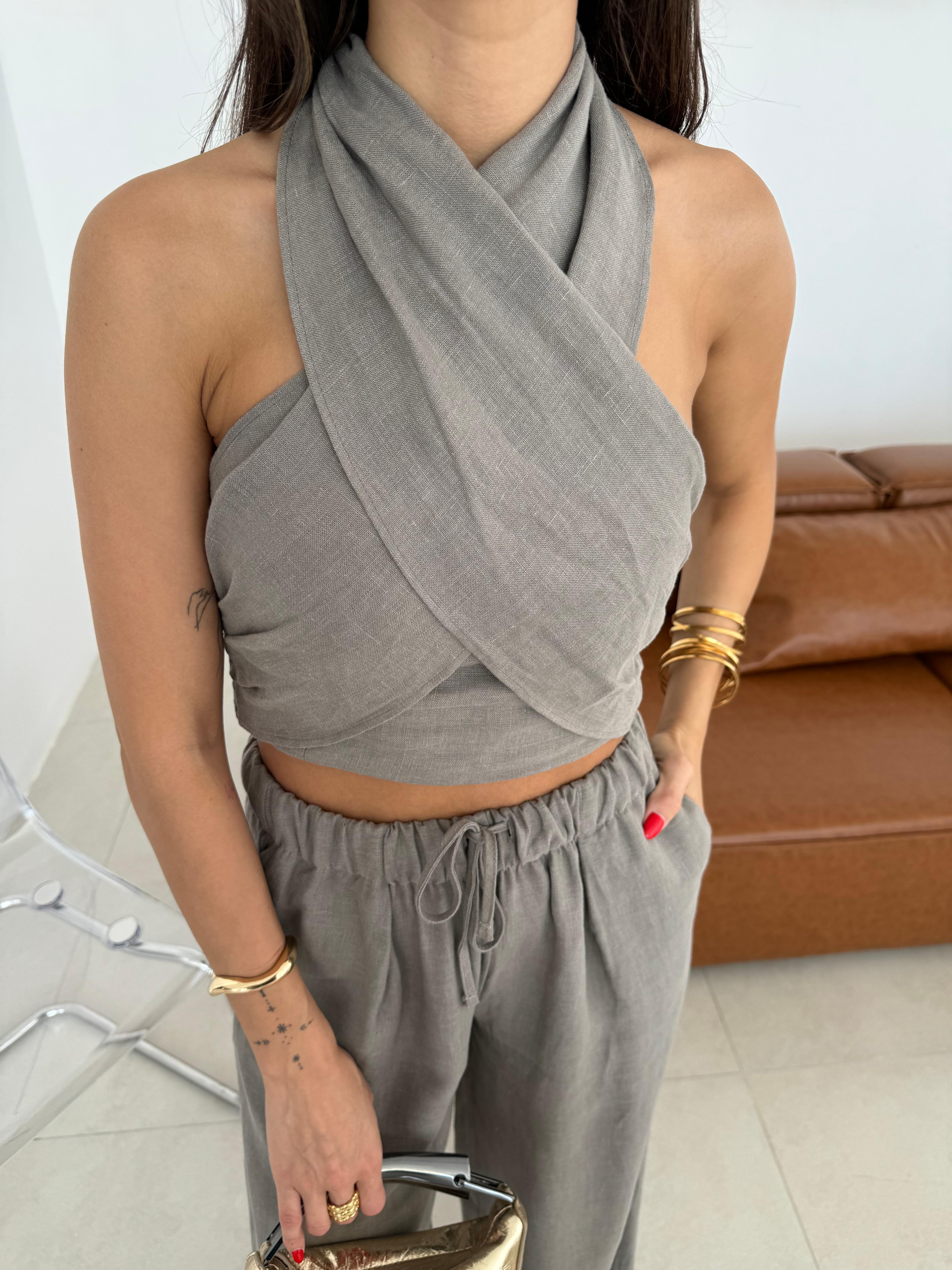 Füme Keten Crop Pantolon Takım