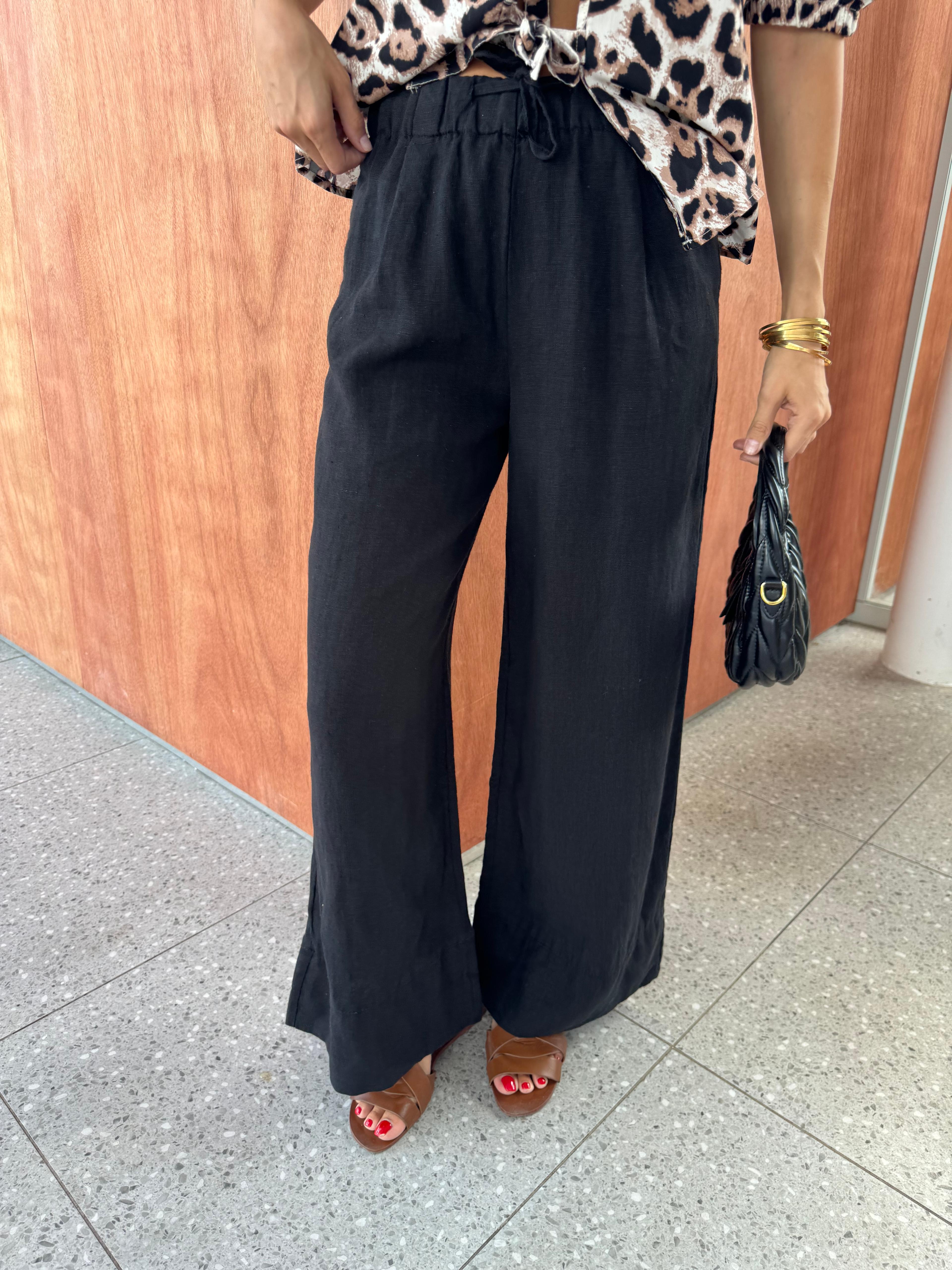 siyah %100 keten pantolon