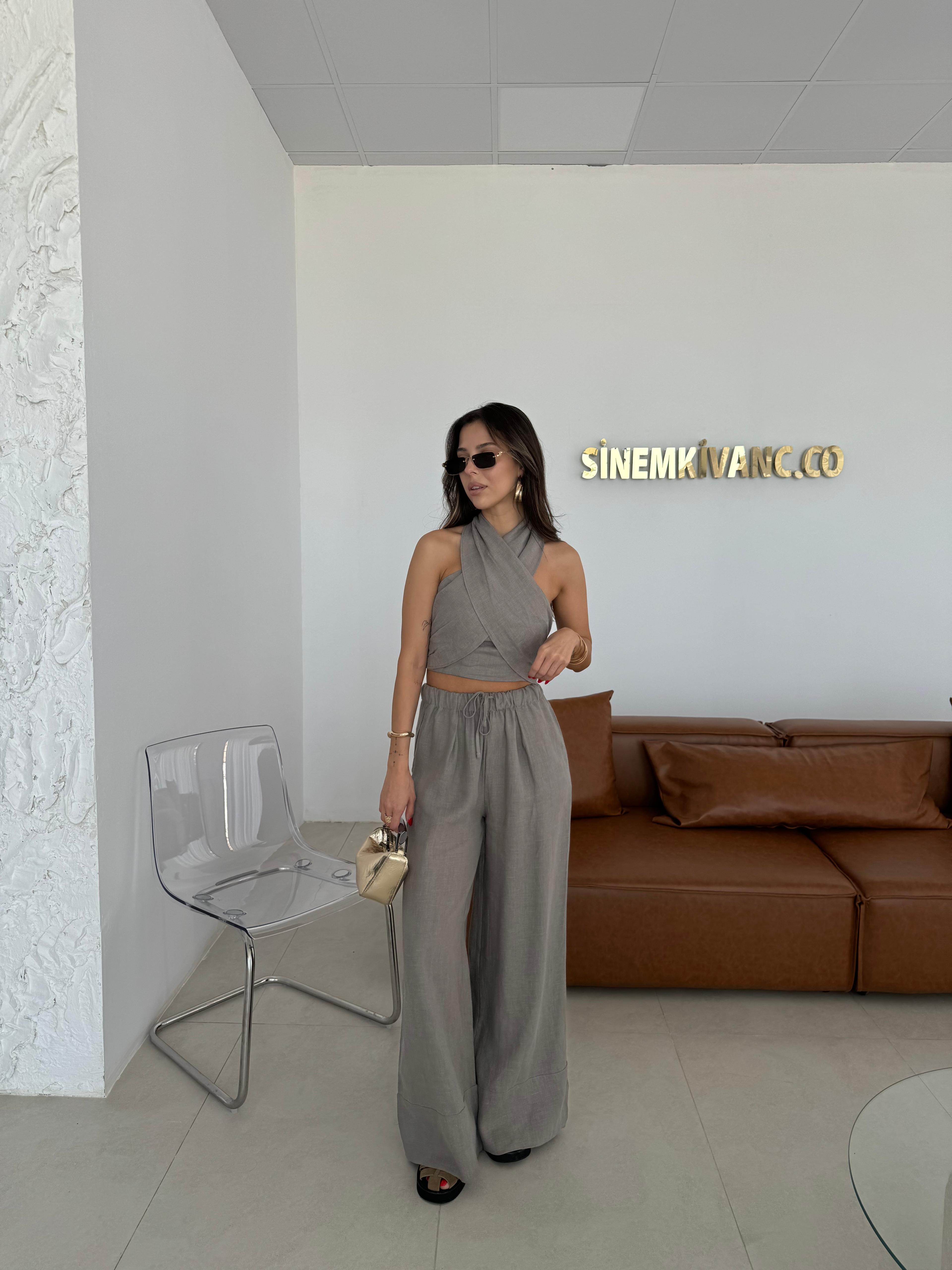 Füme Keten Crop Pantolon Takım