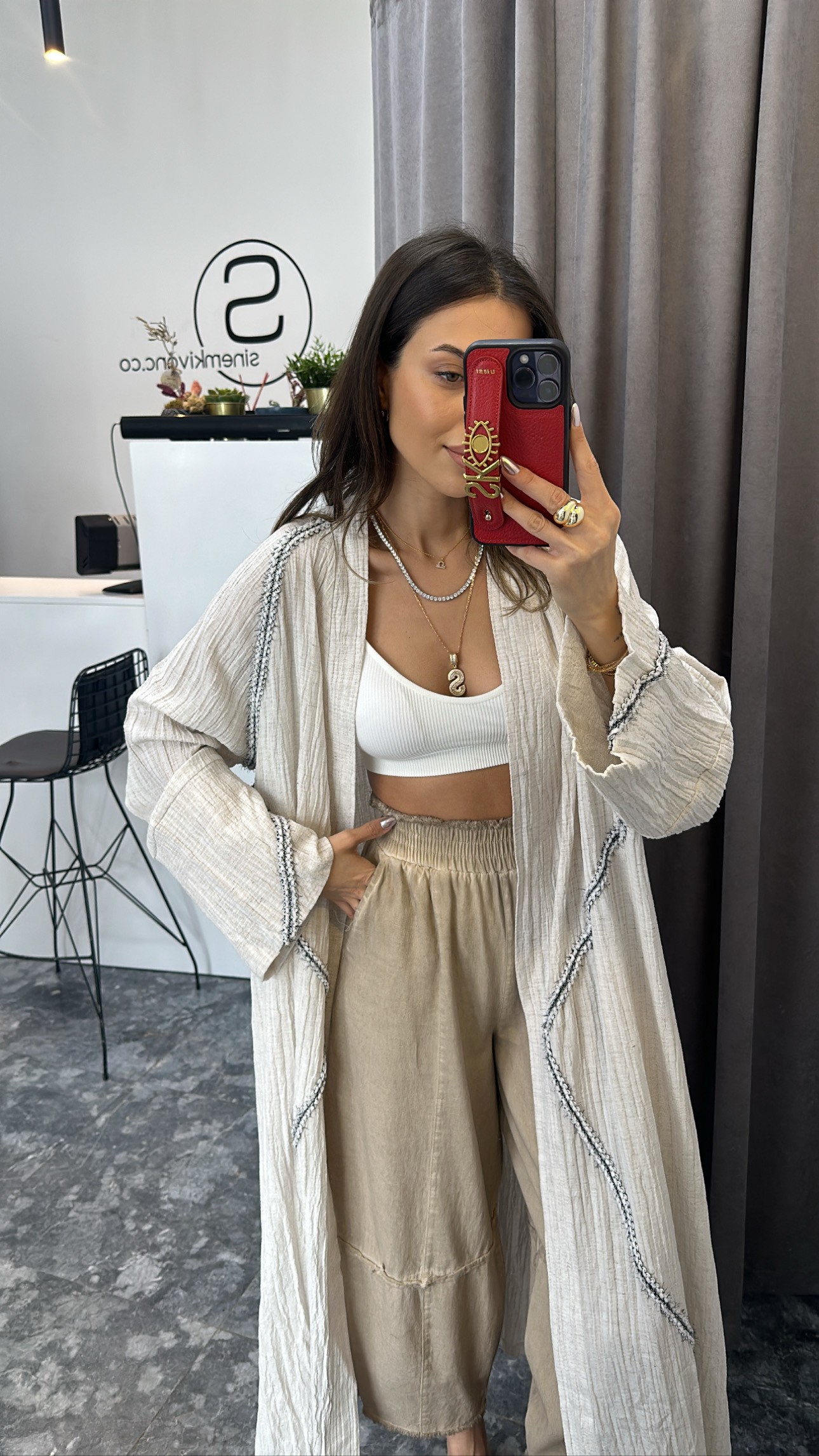 Taş rengi gofre kumaş uzun kimono