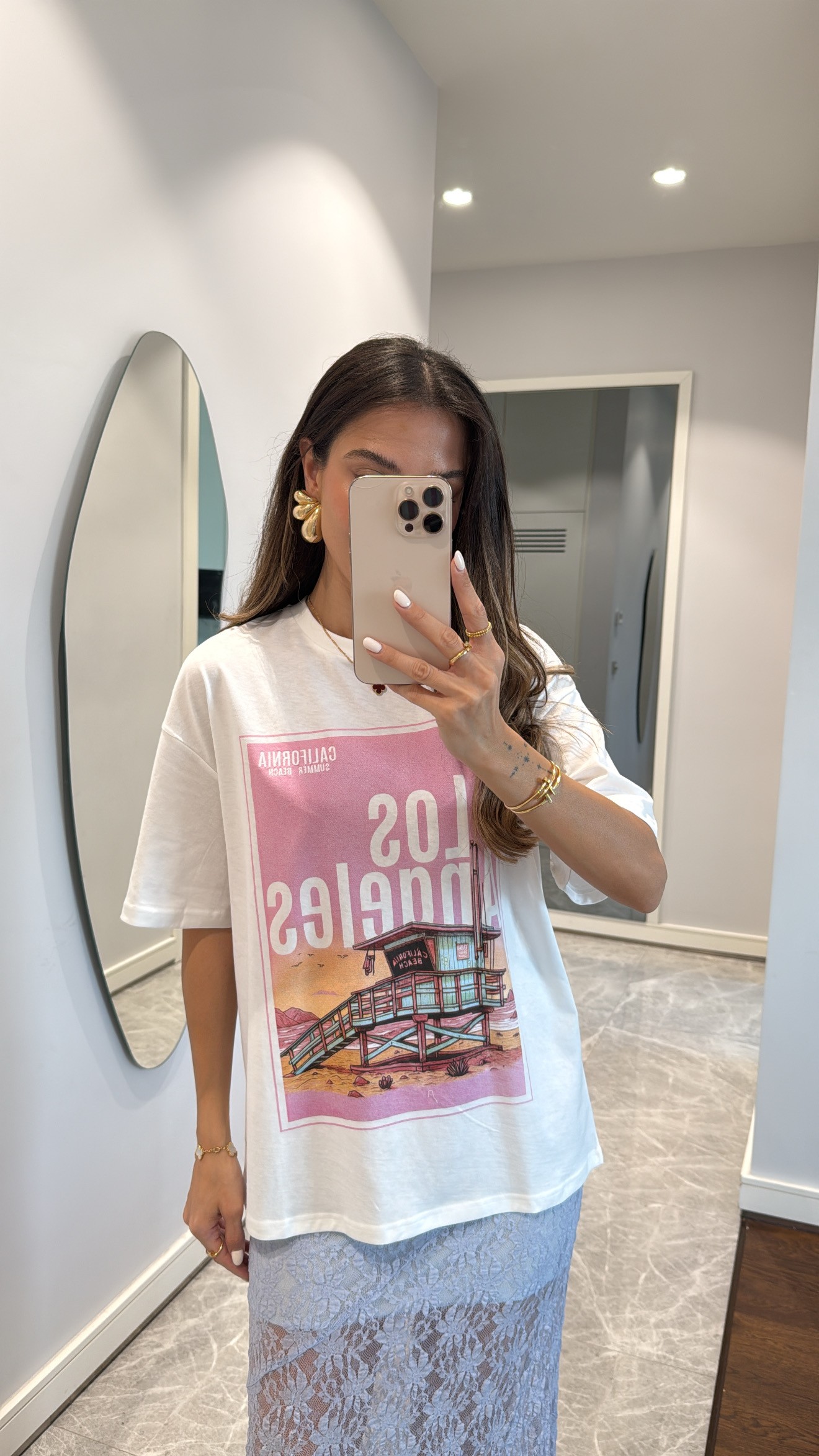 LOS ANGELES BASKILI PEMBE TİŞÖRT