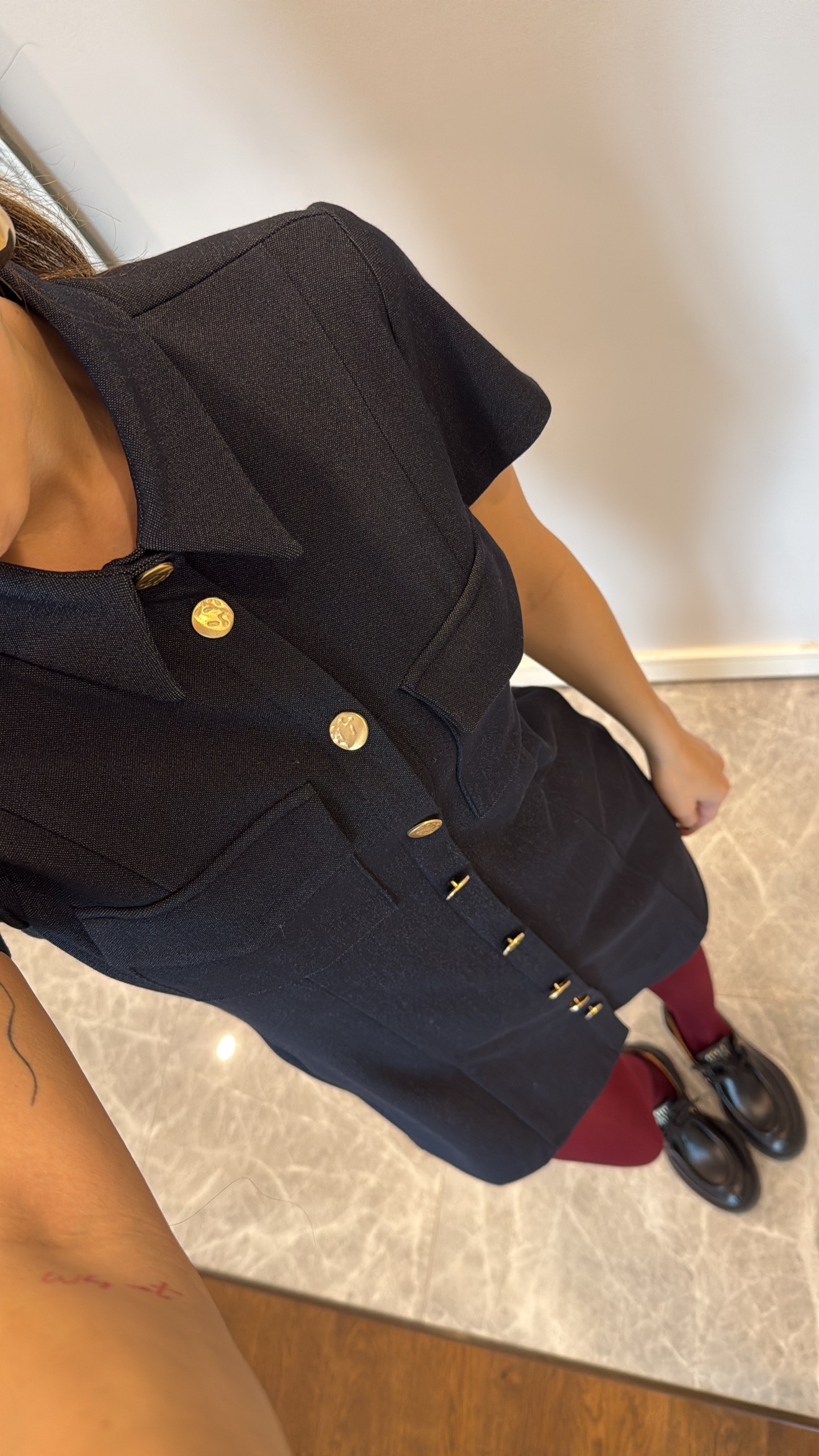 Navy Blue Gold Düğme Detaylı Elbise