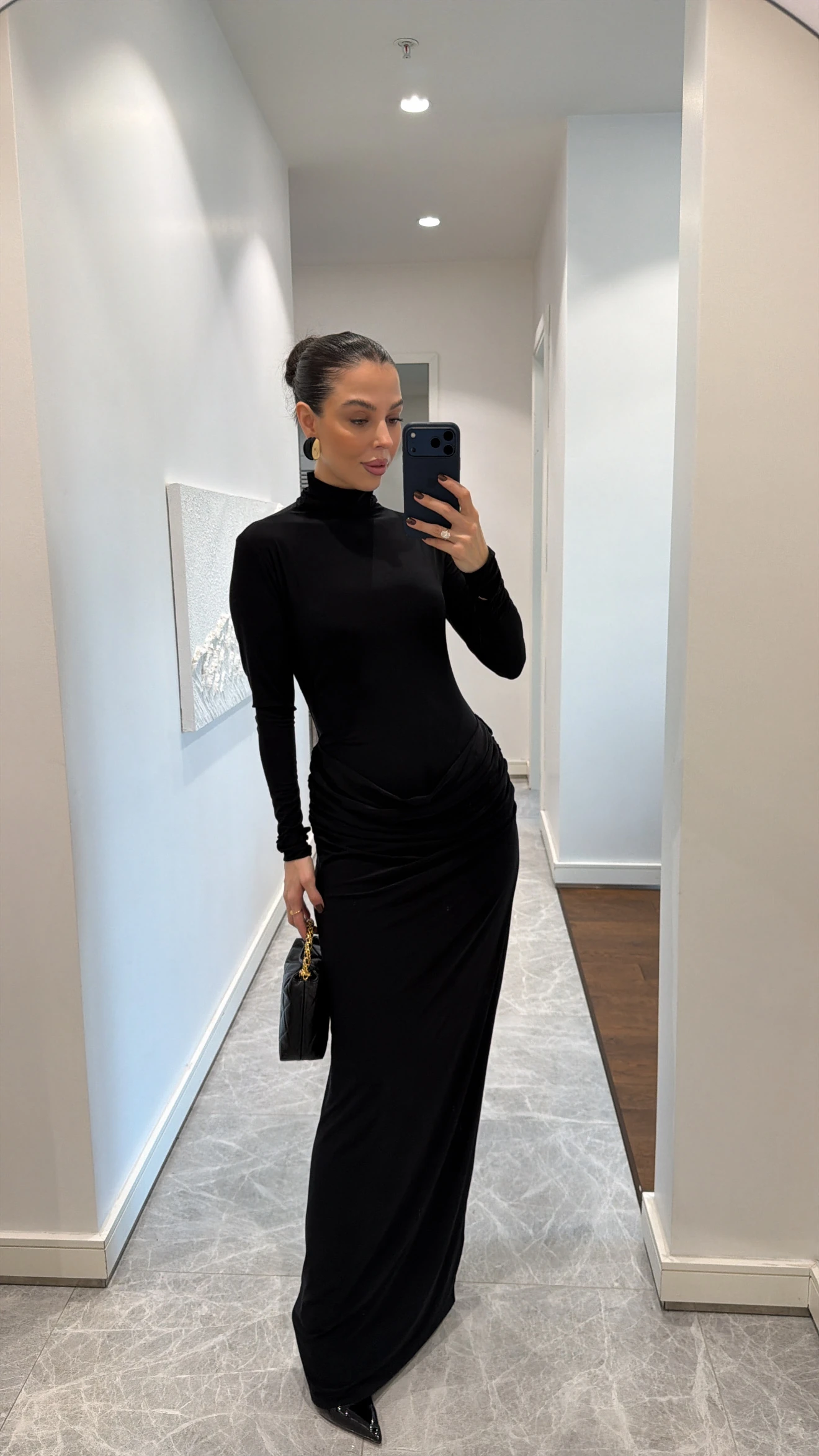 BALIKÇI YAKA MAXİ ELBİSE - SİYAH