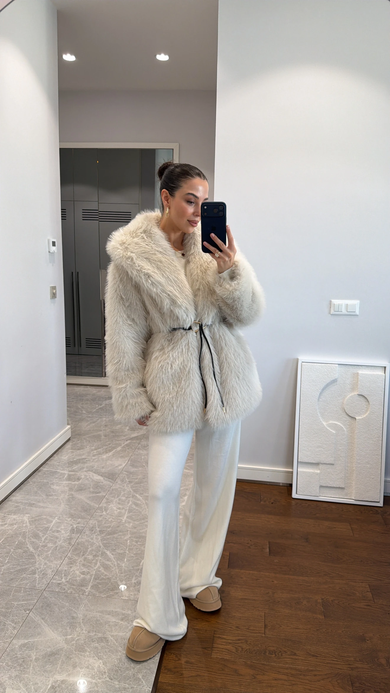 KEMER BEL DETAYLI ŞAL YAKA KÜRK