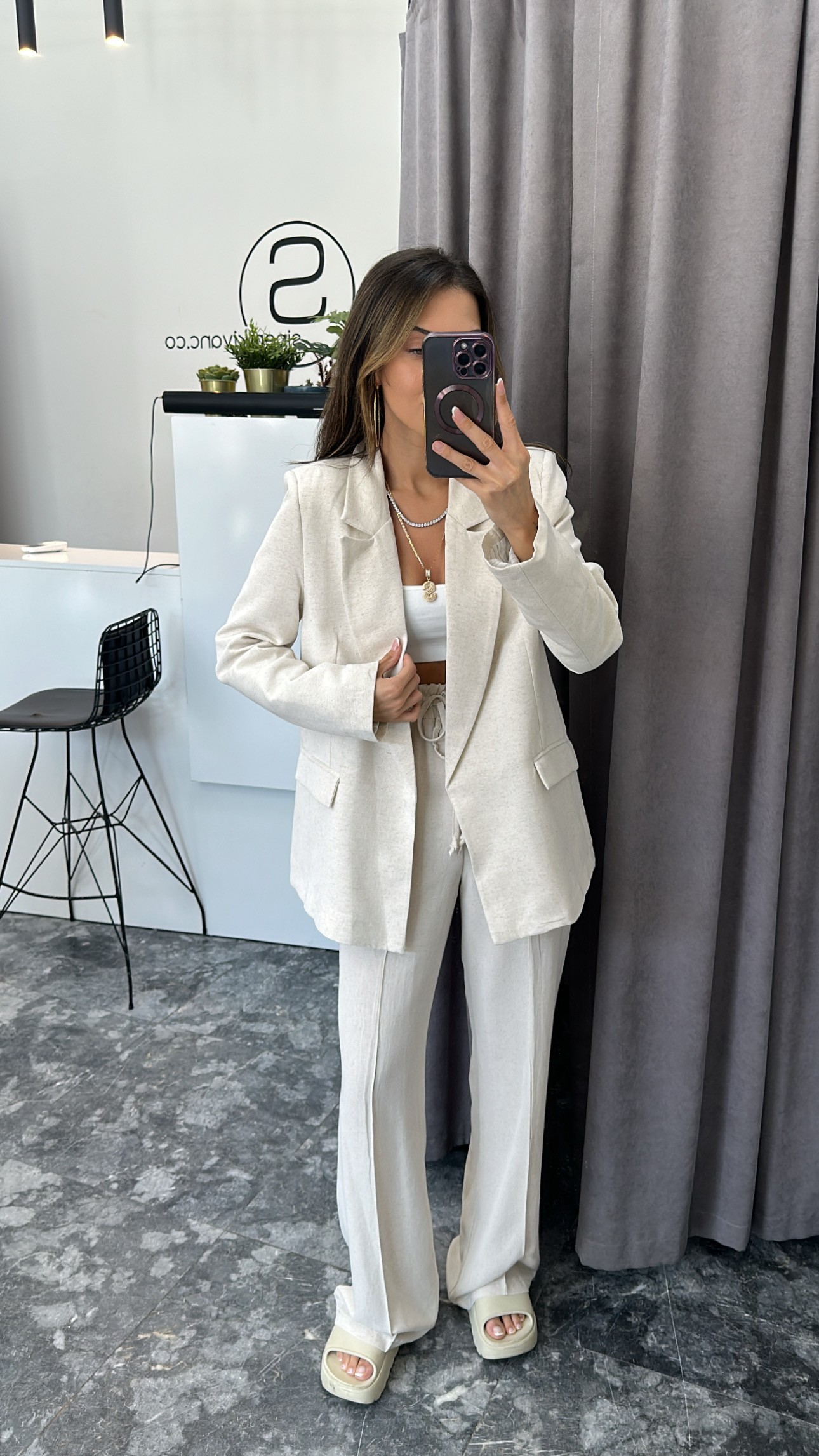 Keten taş rengi astarlı vatkalı blazer ceket