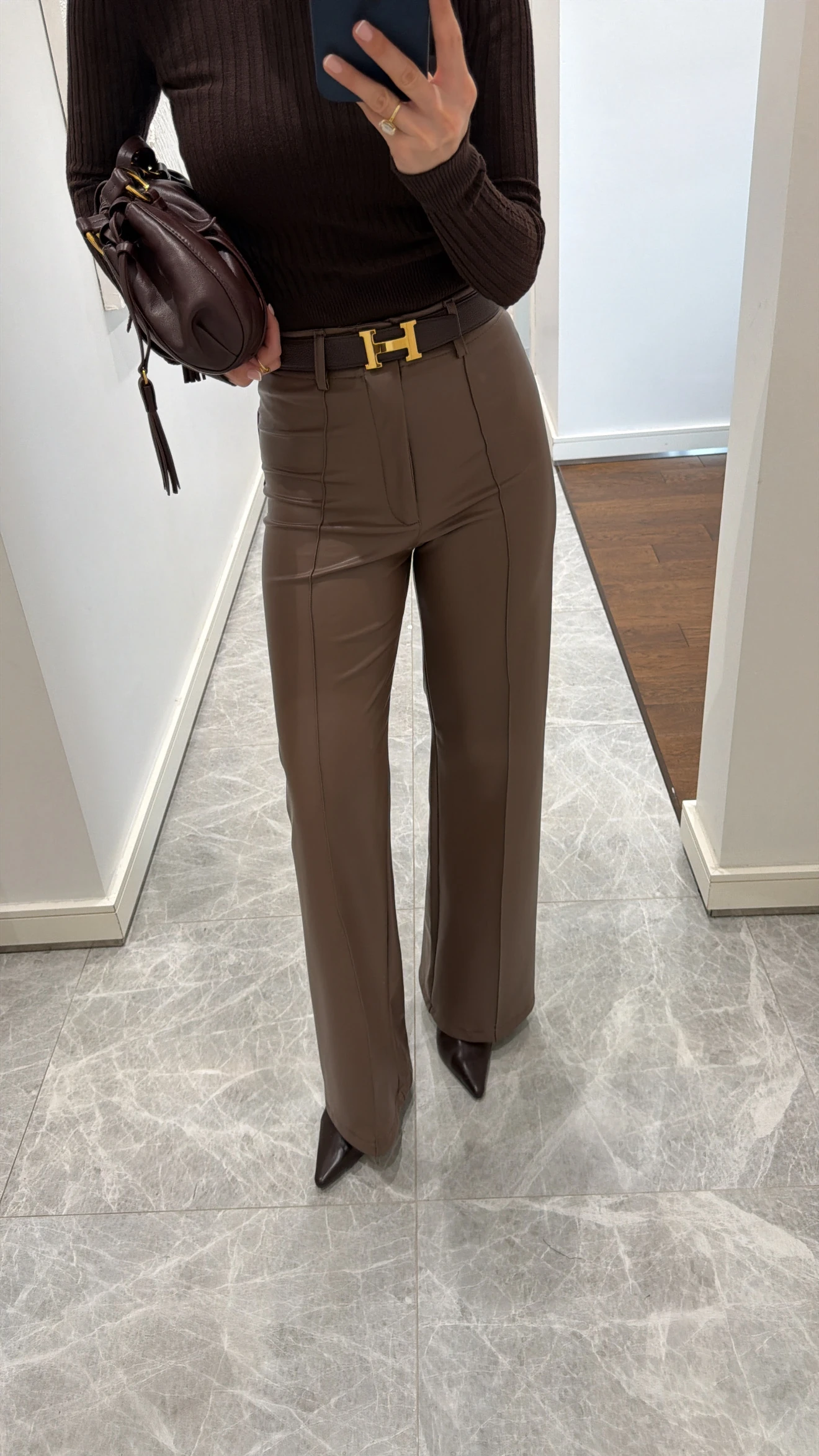 KAHVERENGİ YÜKSEK BEL DERİ PANTOLON