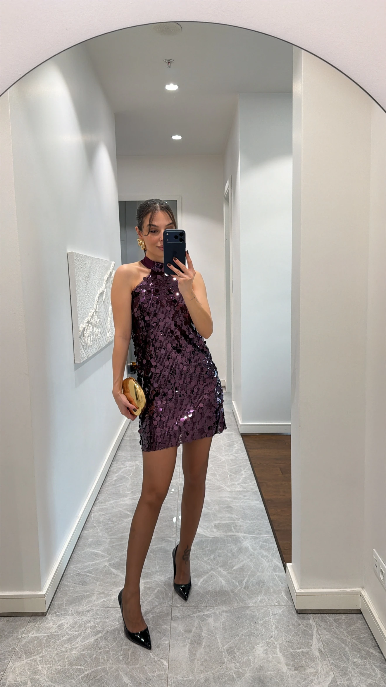 HALTER YAKA PAYETLİ MİNİ ELBİSE  - MOR