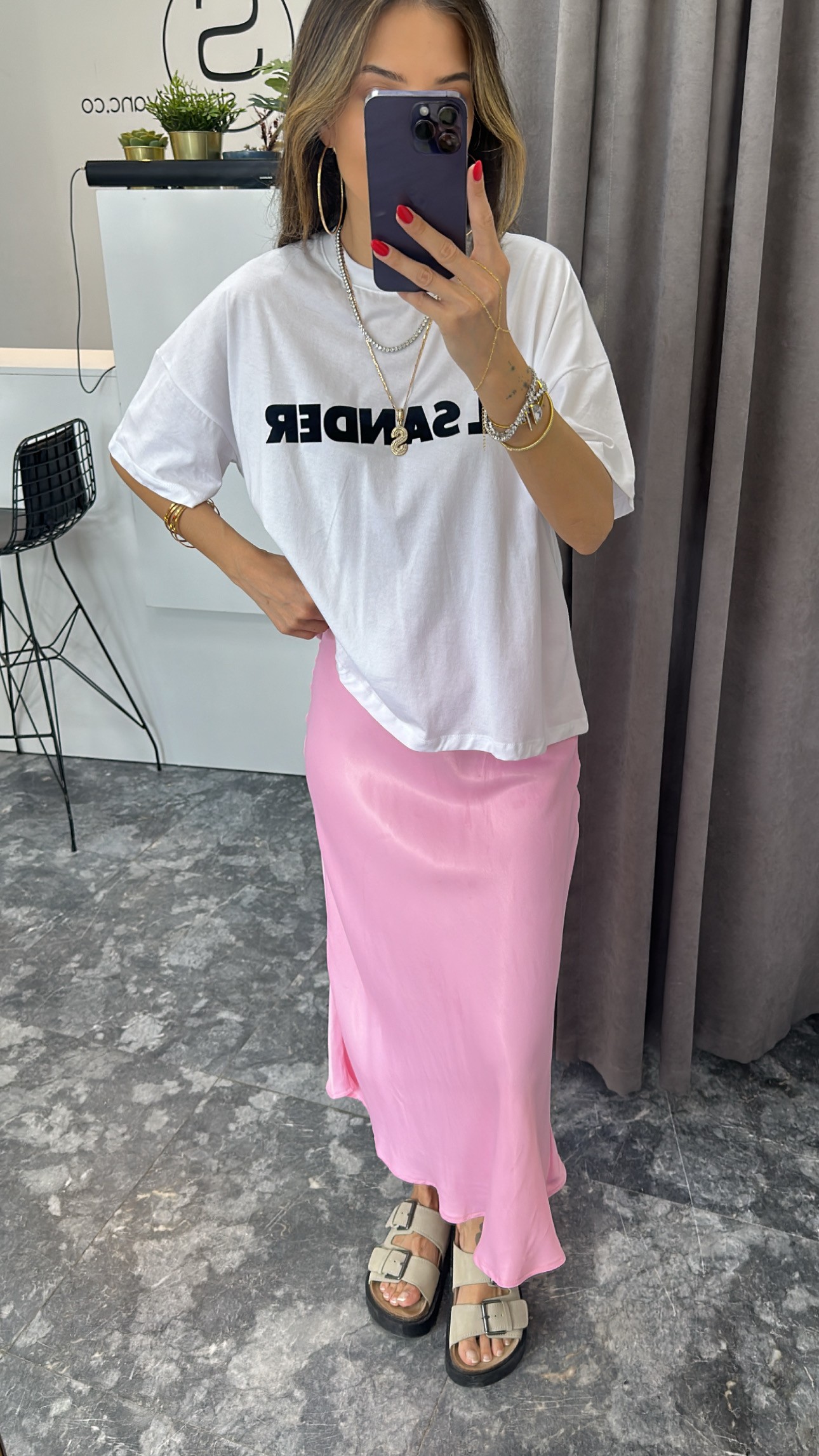 Toz pembe pamuk saten çan  midi boy etek