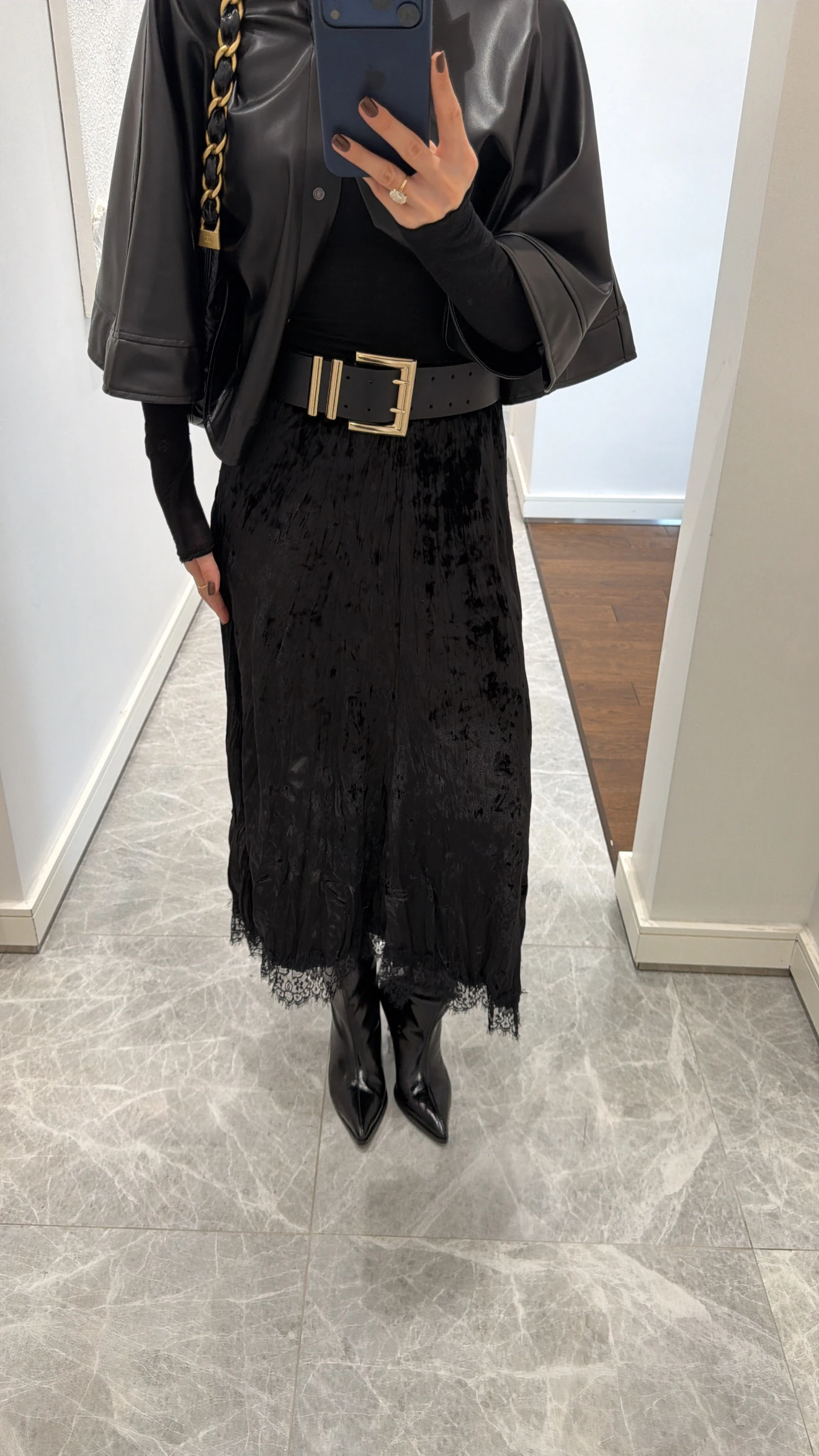 KADİFE DANTEL DETAYLI ETEK  - SİYAH