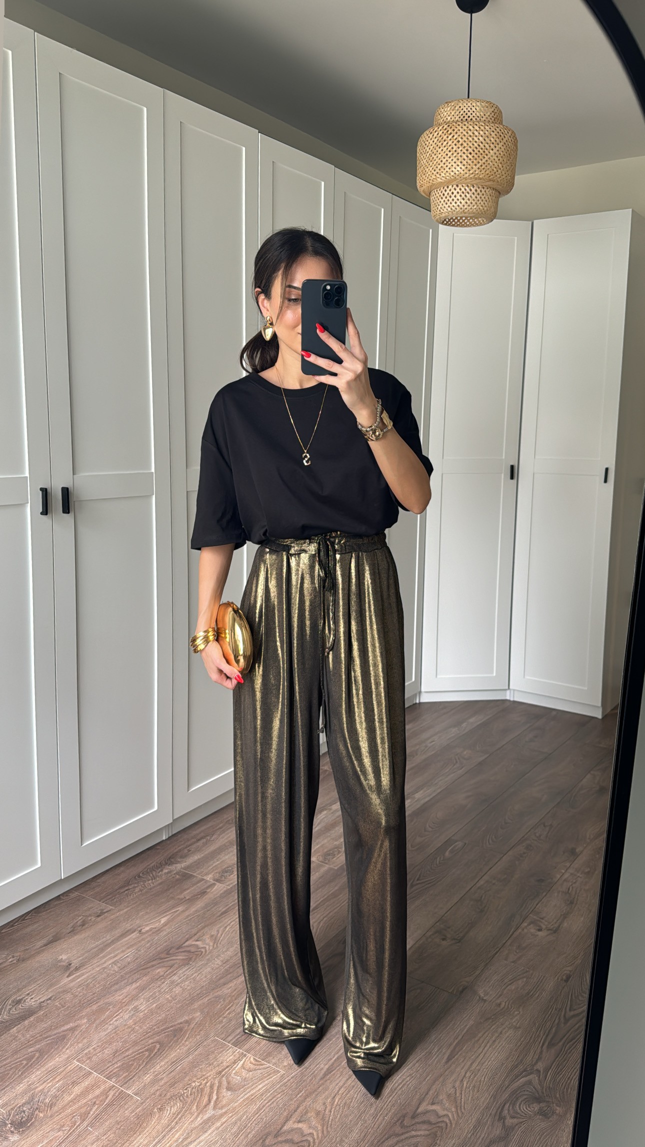 yüksek bel simli parlak gold pantolon