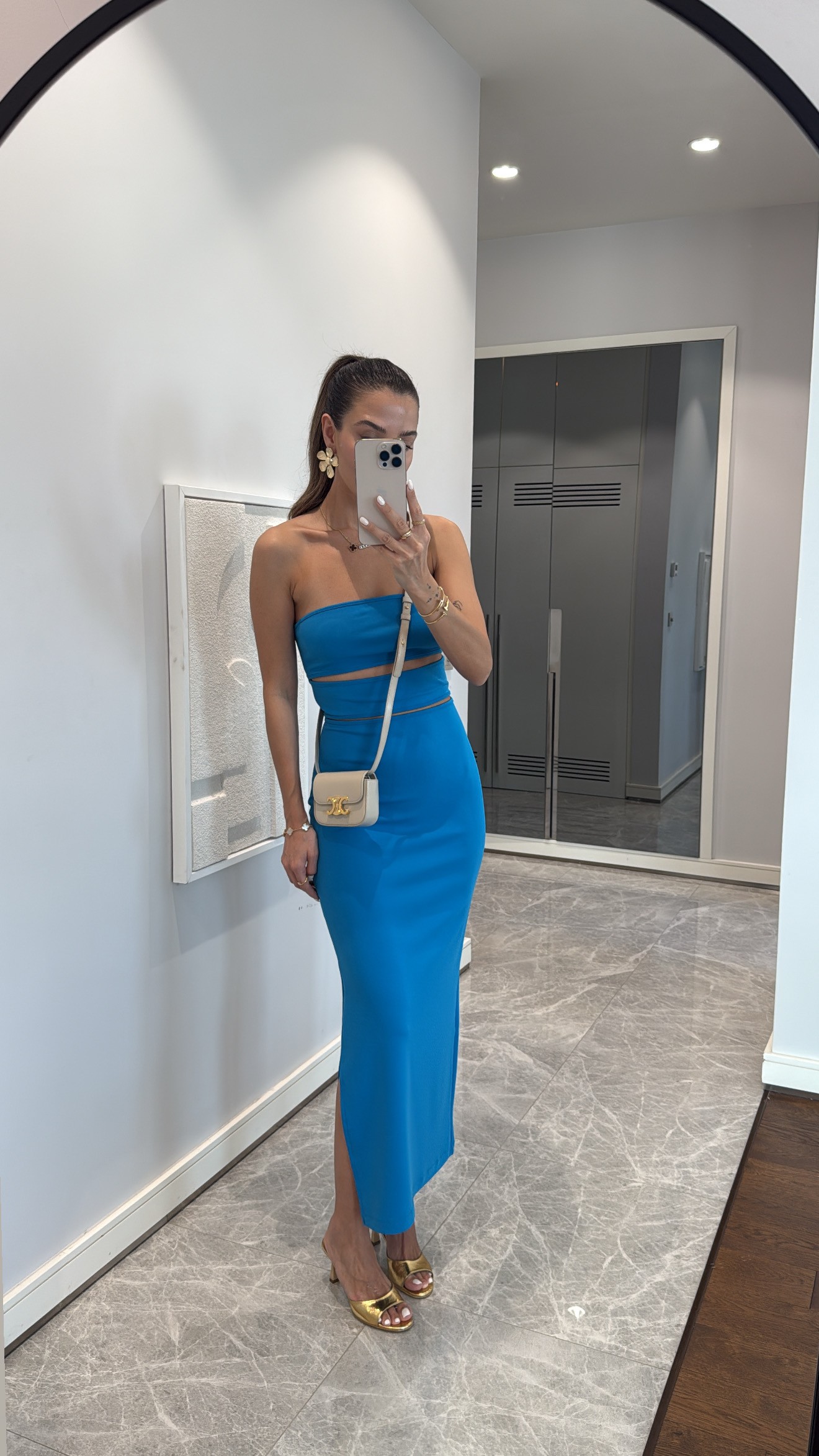 STRAPLEZ KESİK DETAYLI MİDİ ELBİSE - LACİVERT