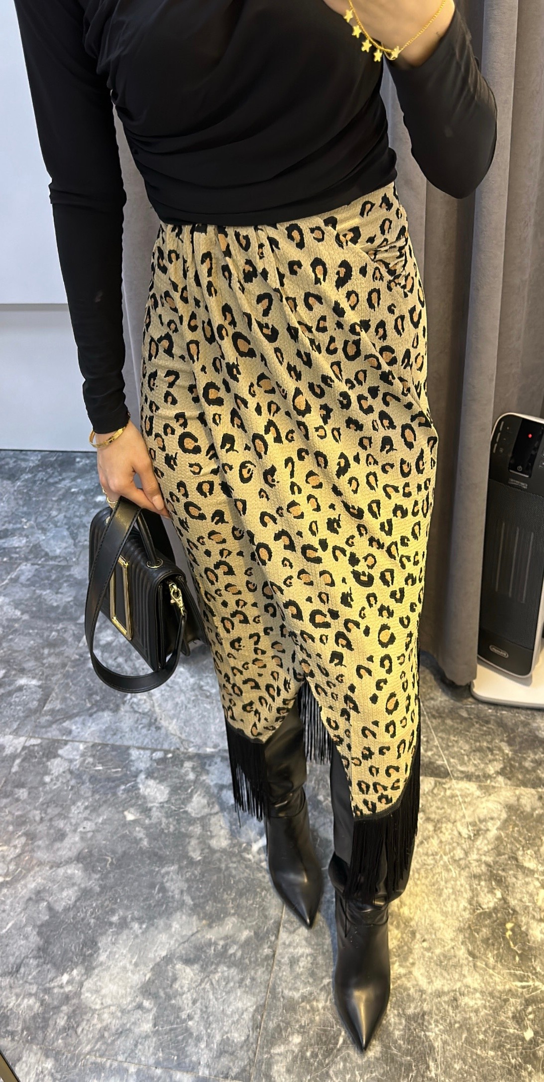 Leopar desenli püskül detaylı kruvaze etek