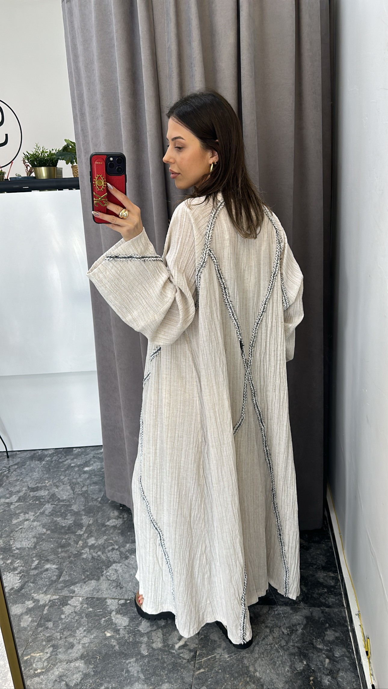 Taş rengi gofre kumaş uzun kimono