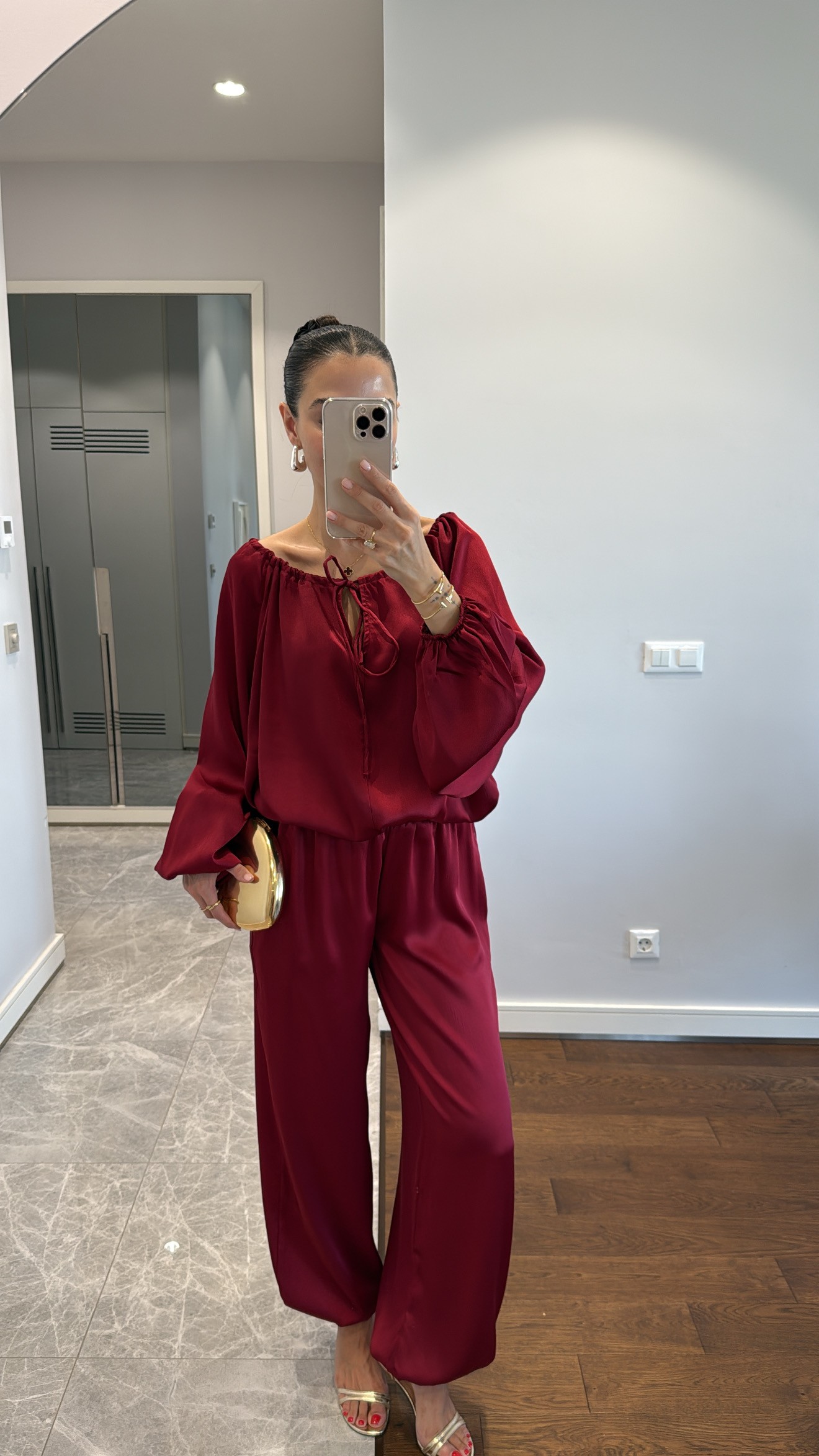 SATEN PAÇA DETAYLI PANTOLON TAKIM - BORDO