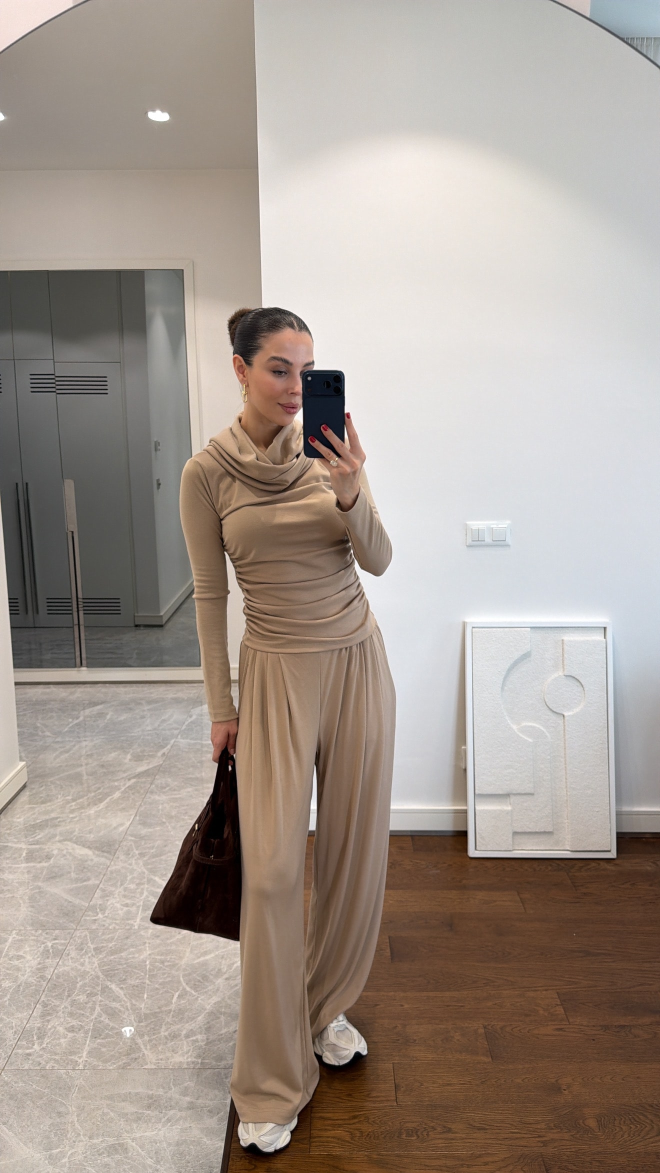 DRAPELİ BLUZ PANTOLON TAKIM - Bej