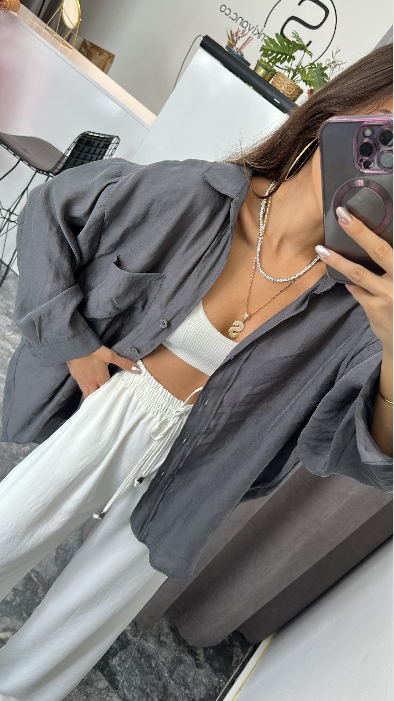 Füme oversize tensel gömlek