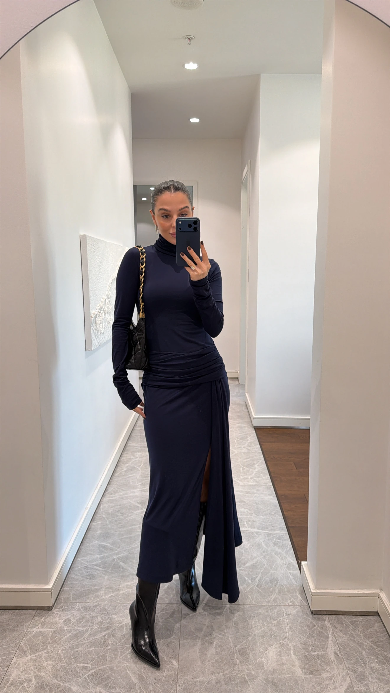 BEL DETAYLI YIRTMAÇLI ELBİSE - LACİVERT