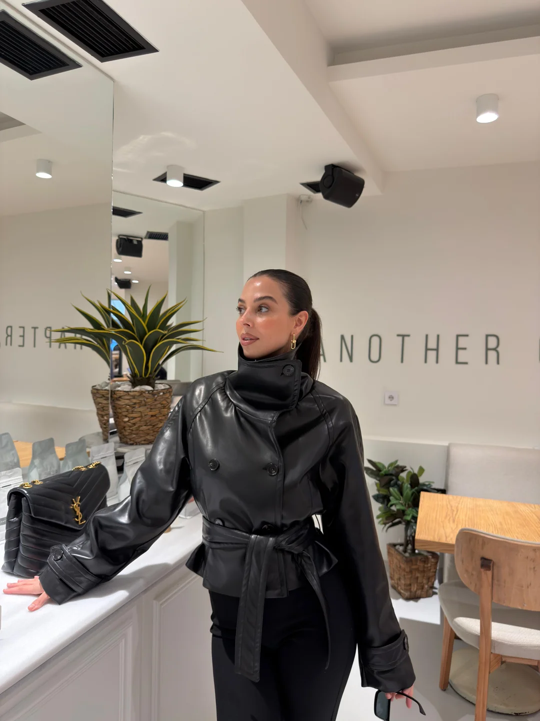 HIGH-COLLAR BELTED LEATHER JACKET